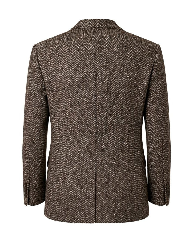Back view of the Loro Piana Brown Herringbone Wool Sportcoat, featuring a classic herringbone pattern in rich brown wool fabric with tailored seams and a center vent for refined menswear.