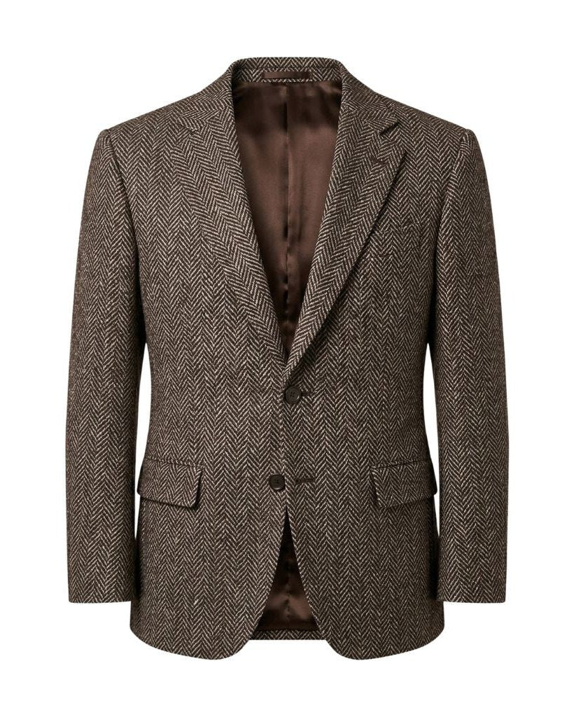 Loro Piana Brown Herringbone Wool Sportcoat in a classic herringbone pattern, featuring a tailored fit with notch lapels and a rich brown wool fabric for refined men's suiting.