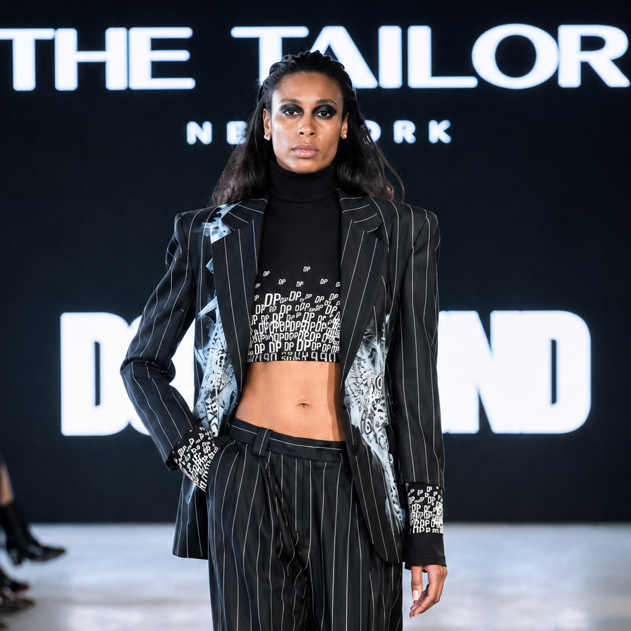 Model walking on a runway wearing a stylish outfit with 'The Tailor New York' branding in the background.