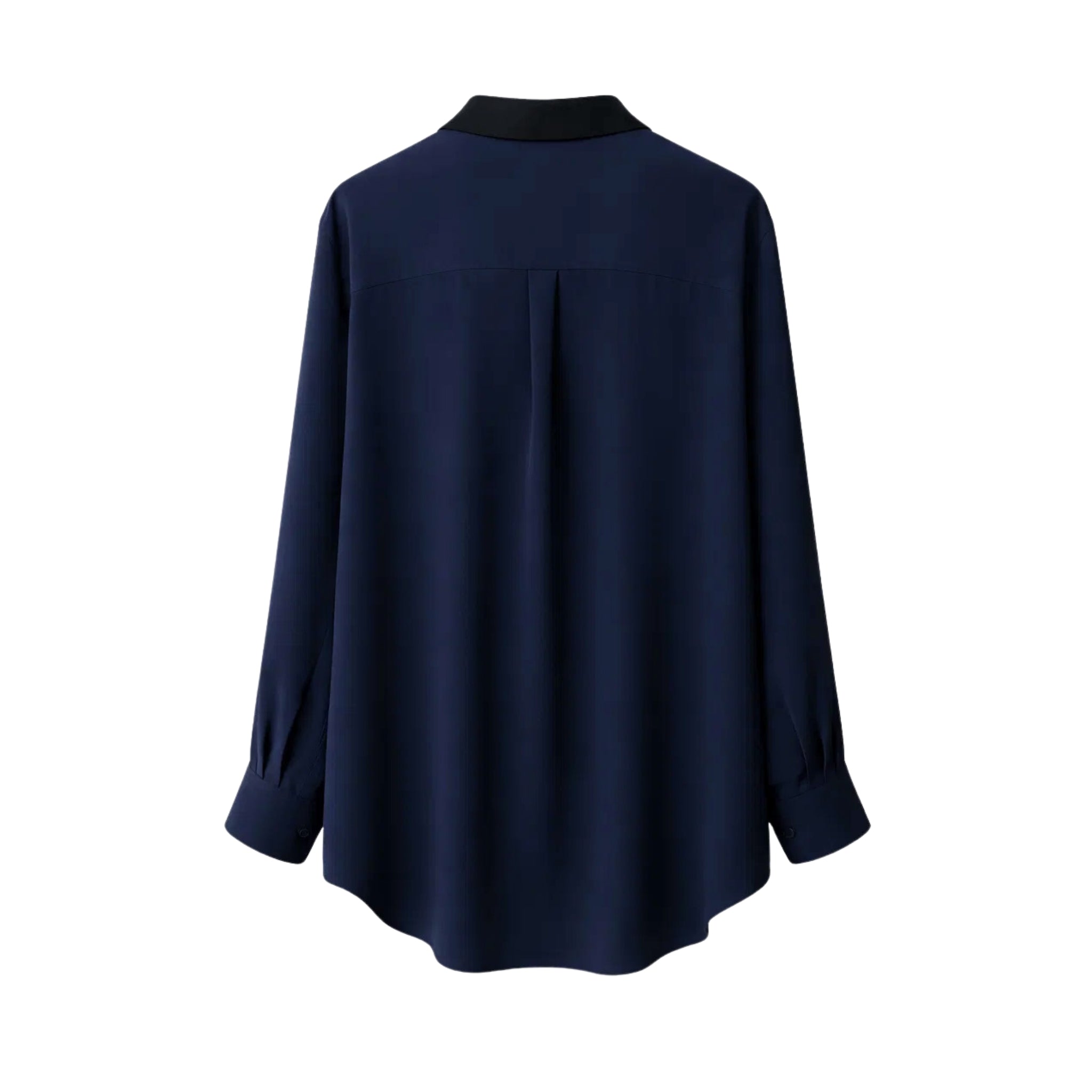 Tailory navy button-down shirt back view with extended draped hemline