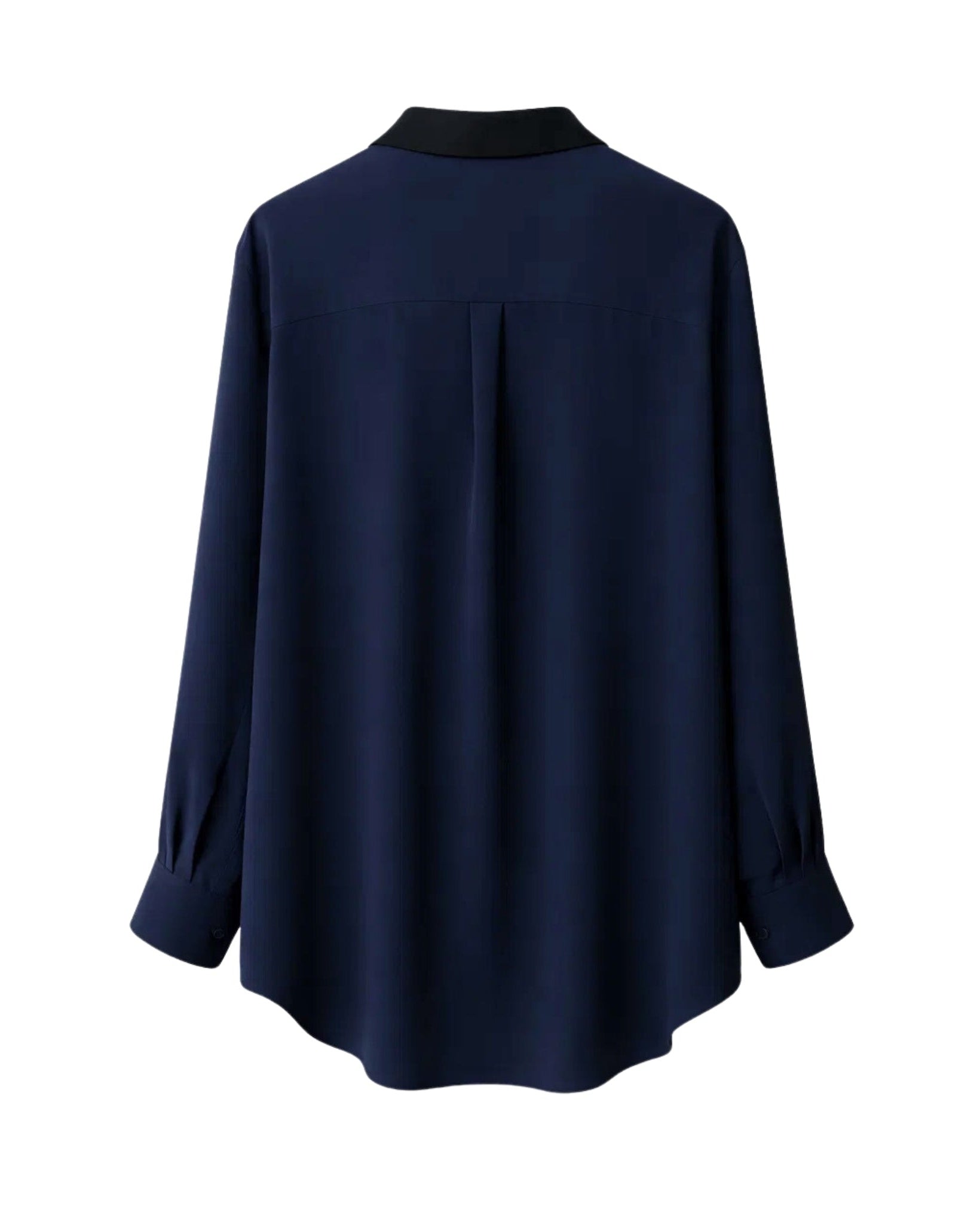 Tailory navy button-down shirt back view with extended draped hemline