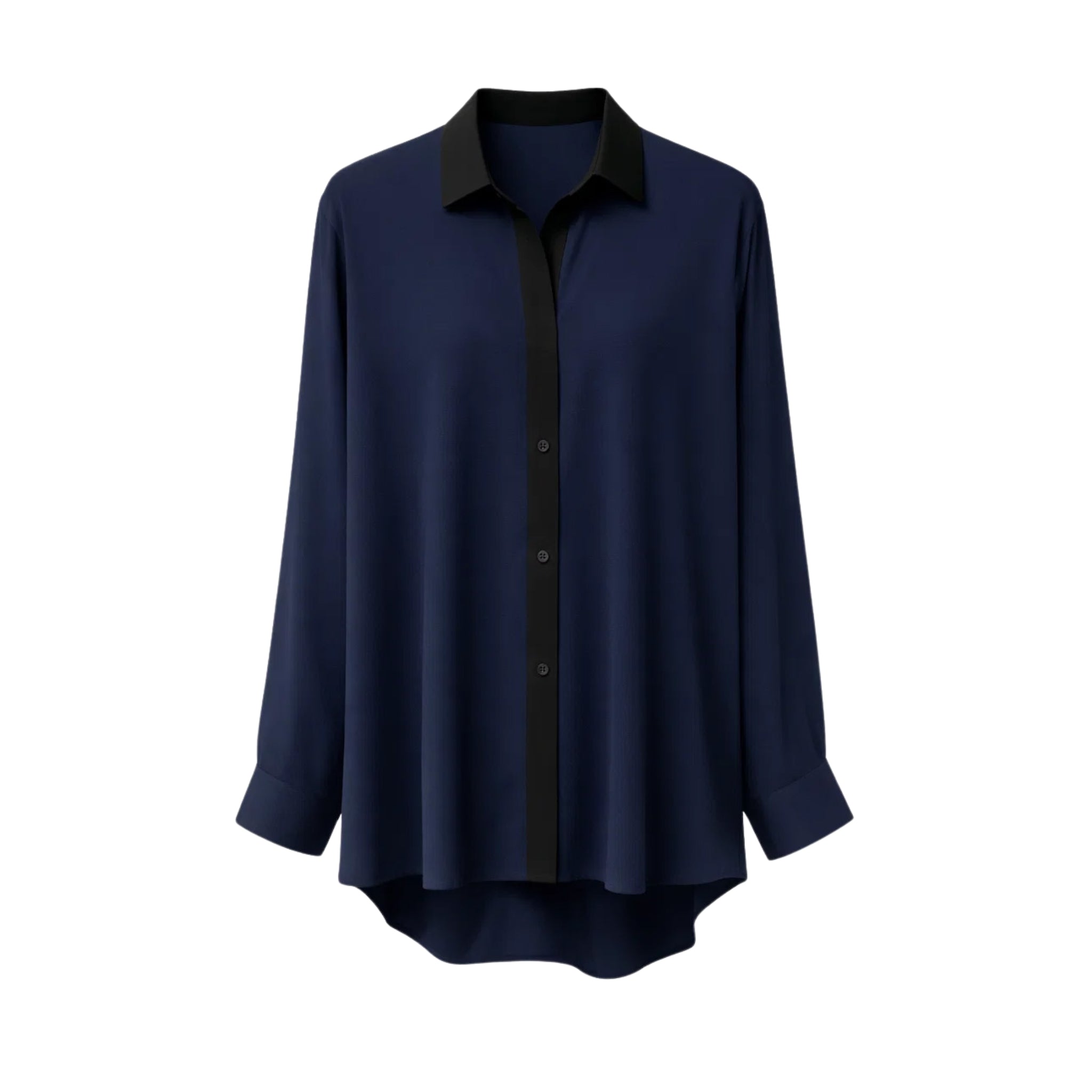 Tailory navy button-down shirt side view showing flowy silhouette and curved hem