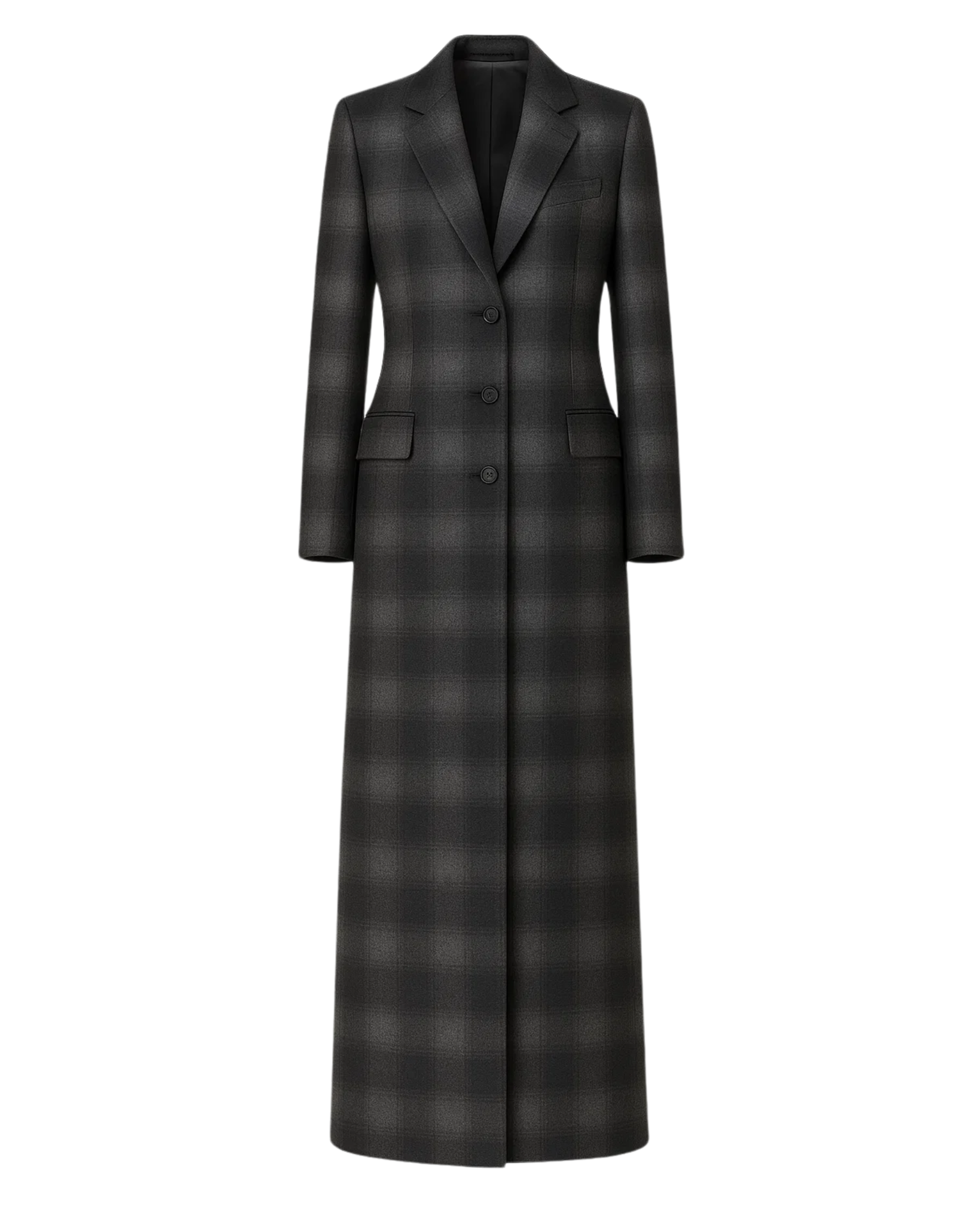 Tailory grey black shadow plaid maxi overcoat front view