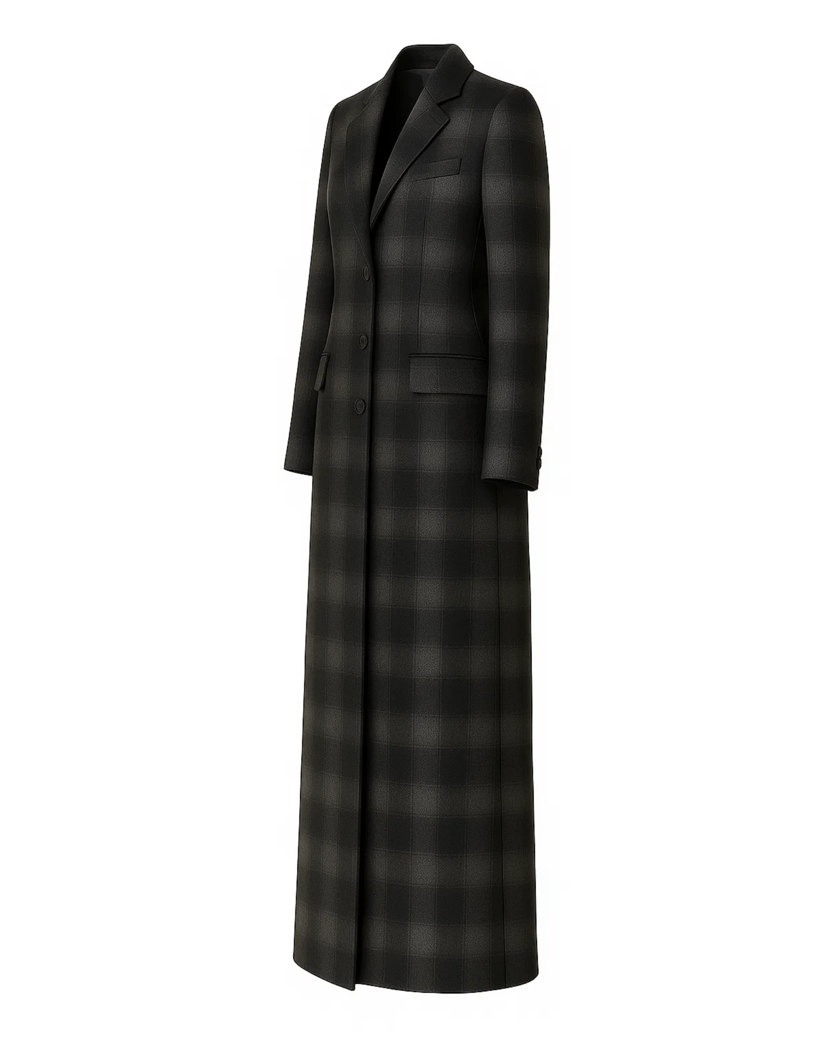 Tailory grey black shadow plaid maxi overcoat side view