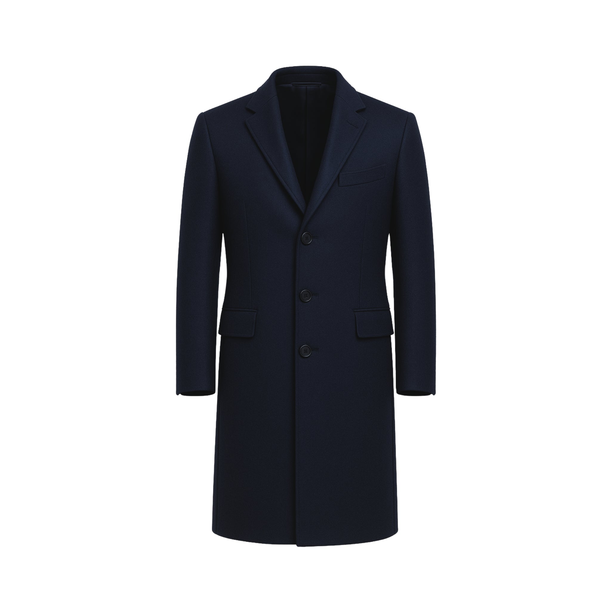 Tailory navy wool men’s overcoat notched lapel front view