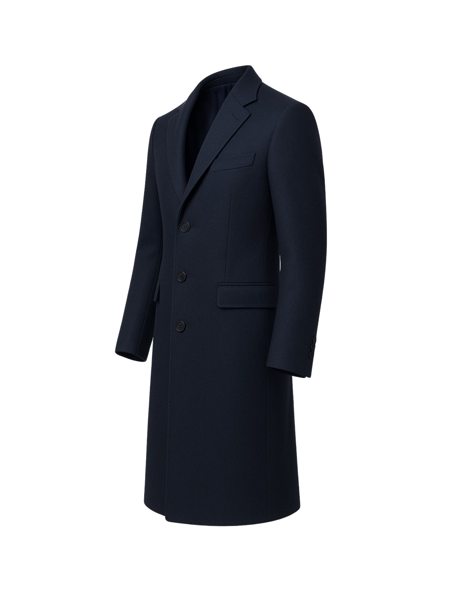 Tailory navy wool men’s overcoat notched lapel side view