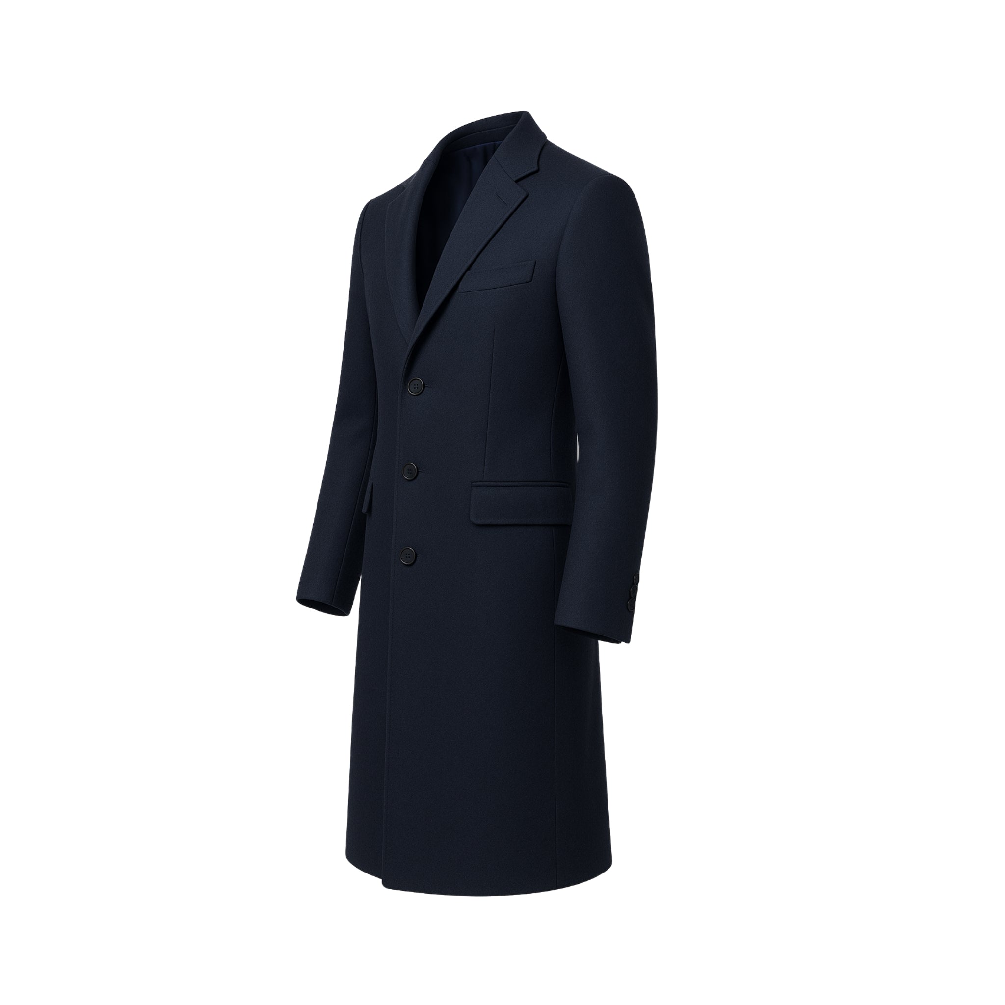 Tailory navy wool men’s overcoat notched lapel side view