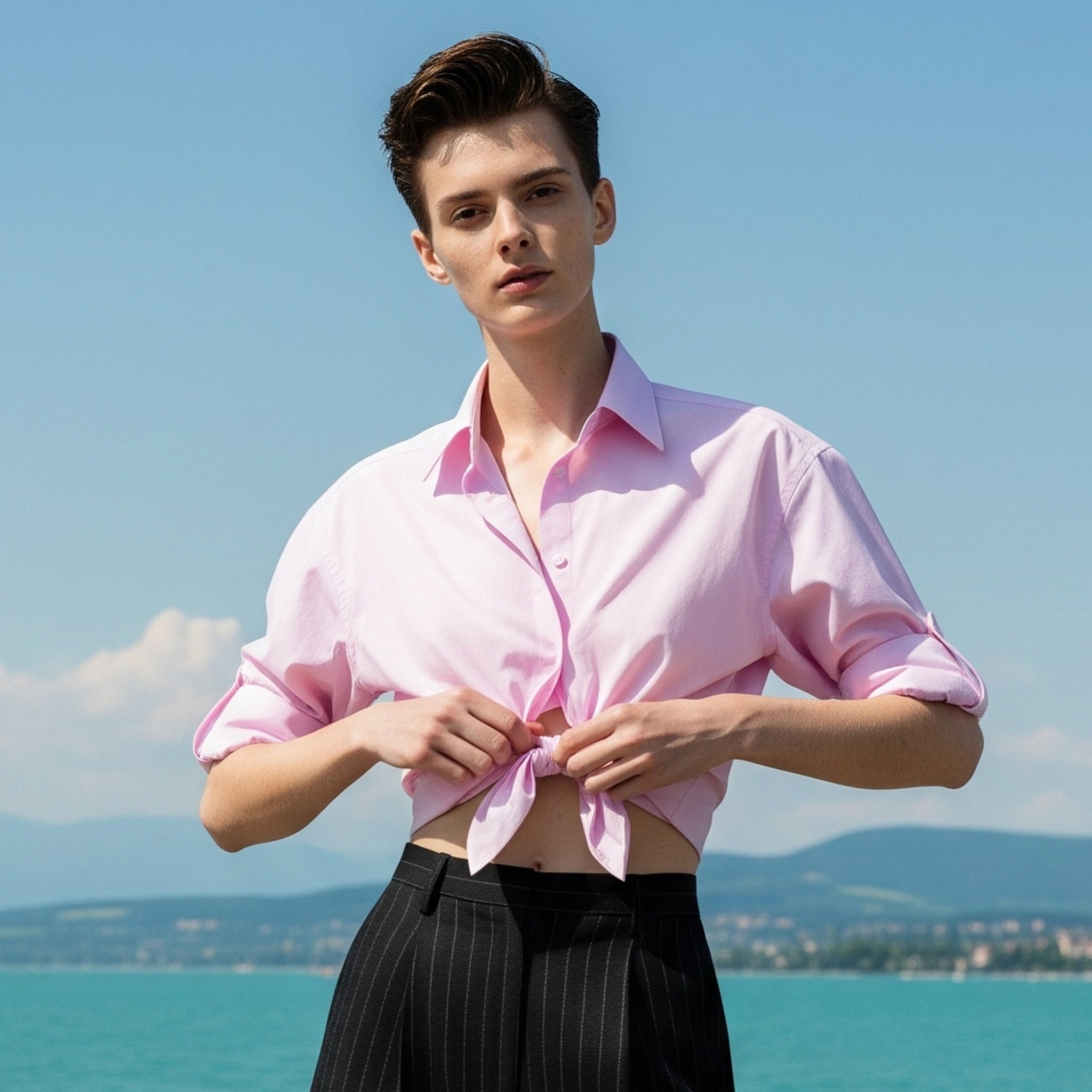 Tailory baby pink oversized button-up shirt styled on model