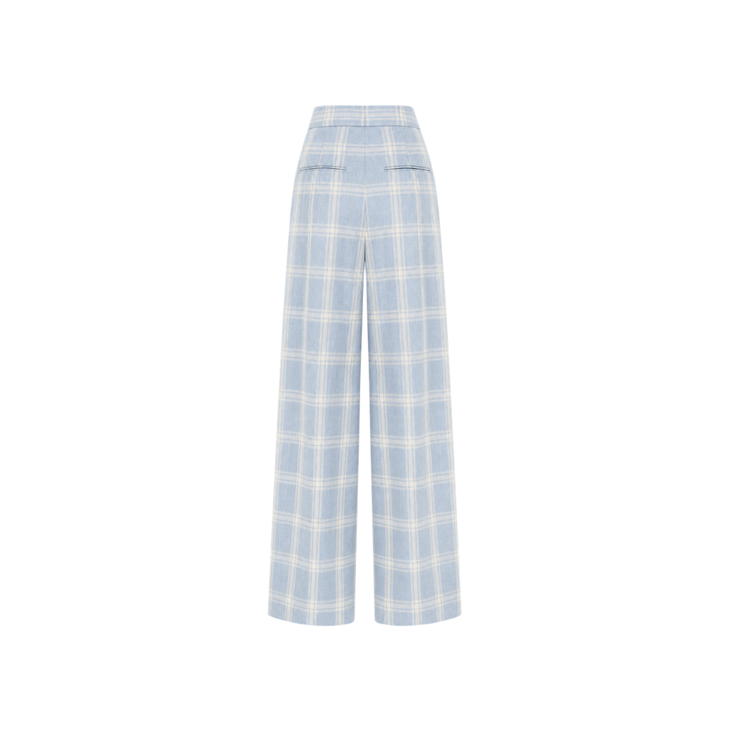 The Tailory New York blue check Loro Piana cashmere silk pleated pants back view
