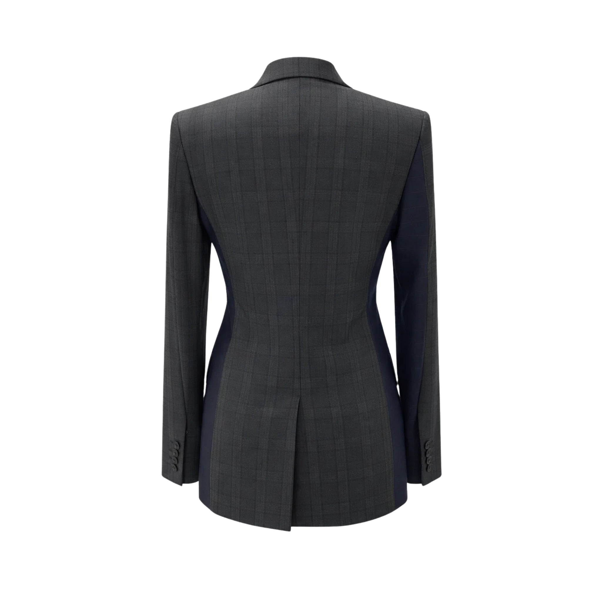 Tailory blue and grey peak-lapel jacket with red horizontal pinstripe back view