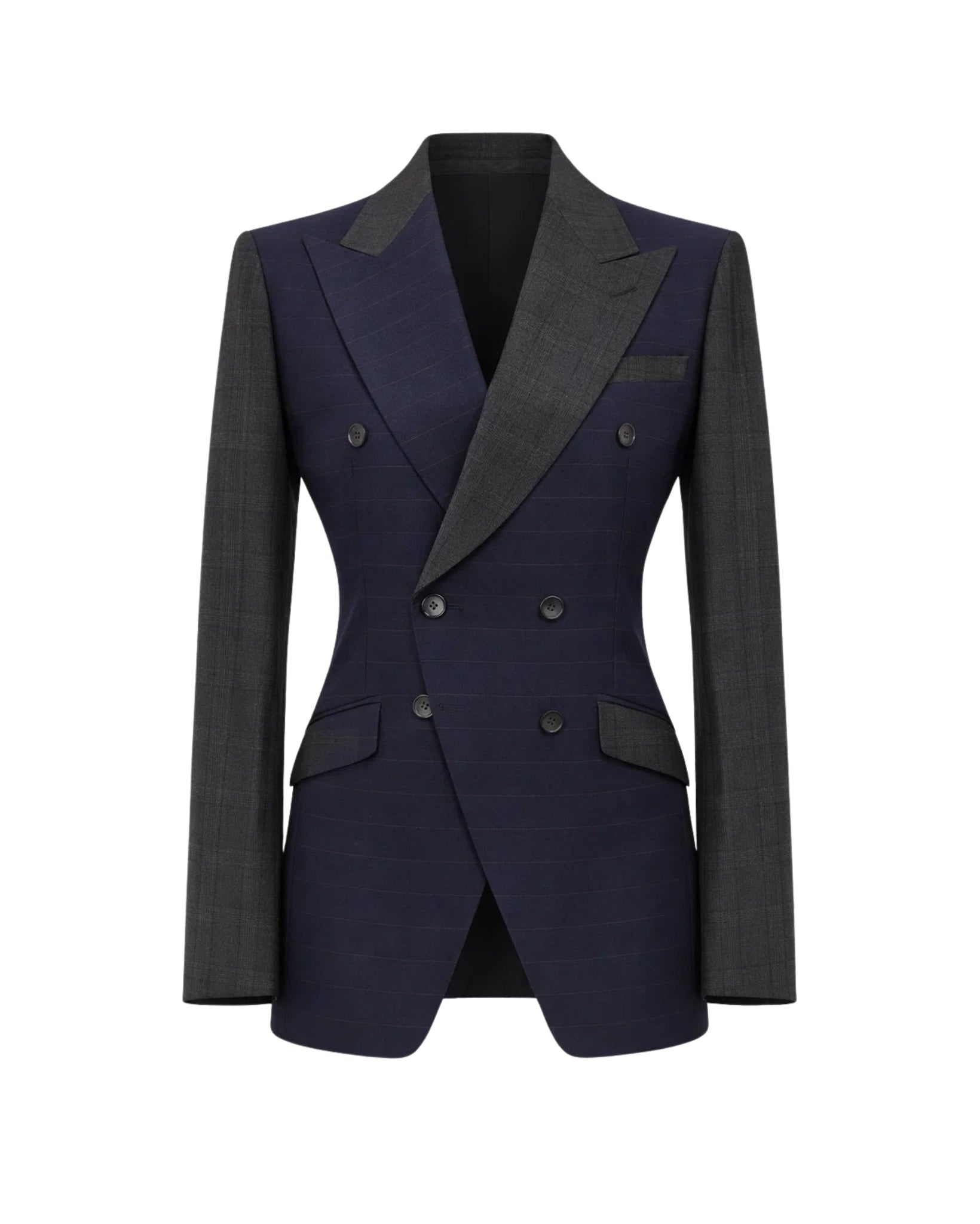 Tailory blue and grey peak-lapel jacket with red horizontal pinstripe front view