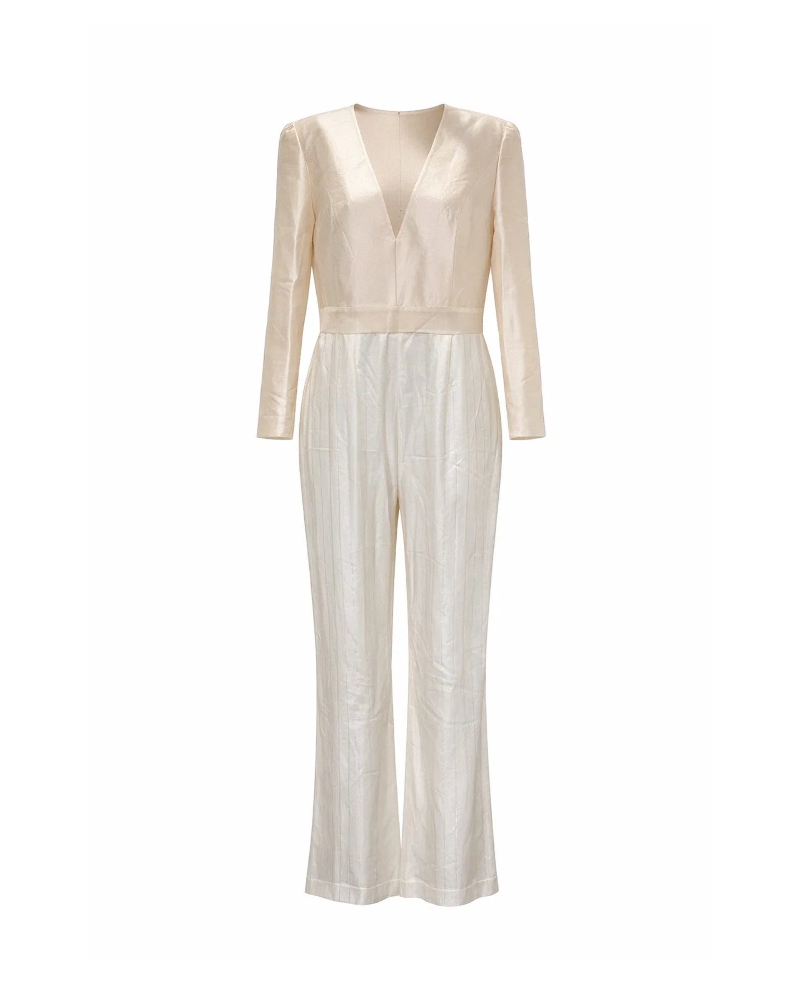 Tailory white metallic pinstripe tailored jumpsuit front view