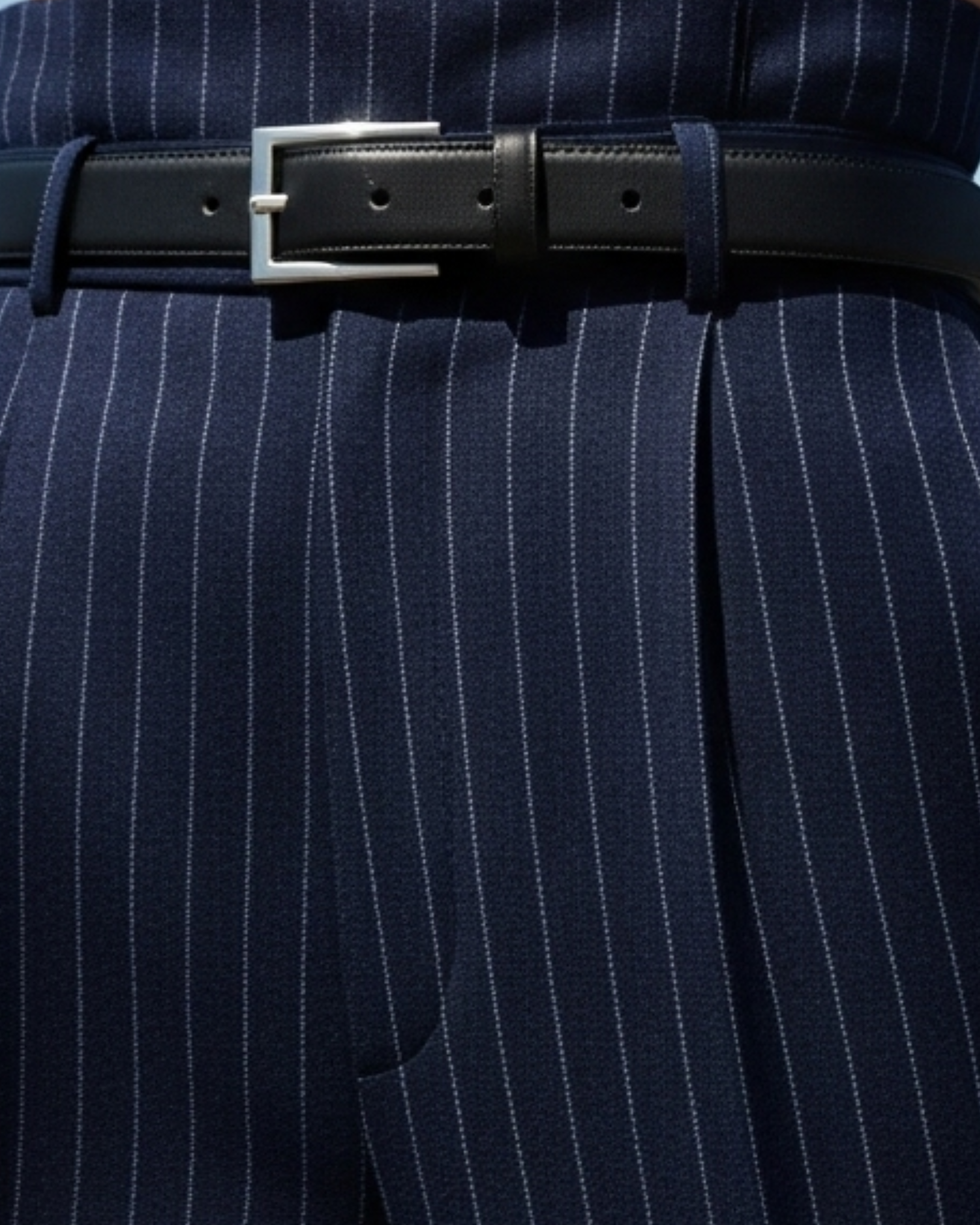 Tailory navy white pinstripe trousers detail