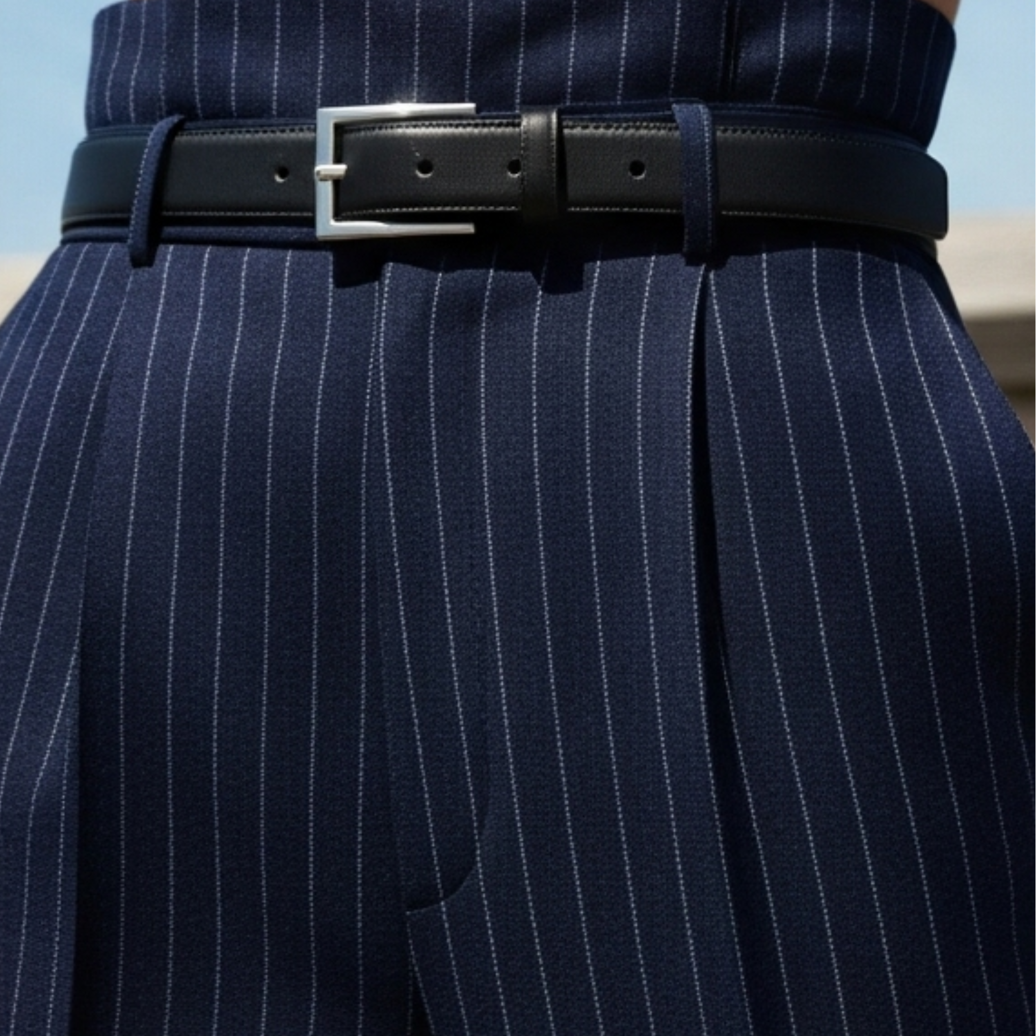 Tailory navy white pinstripe trousers detail