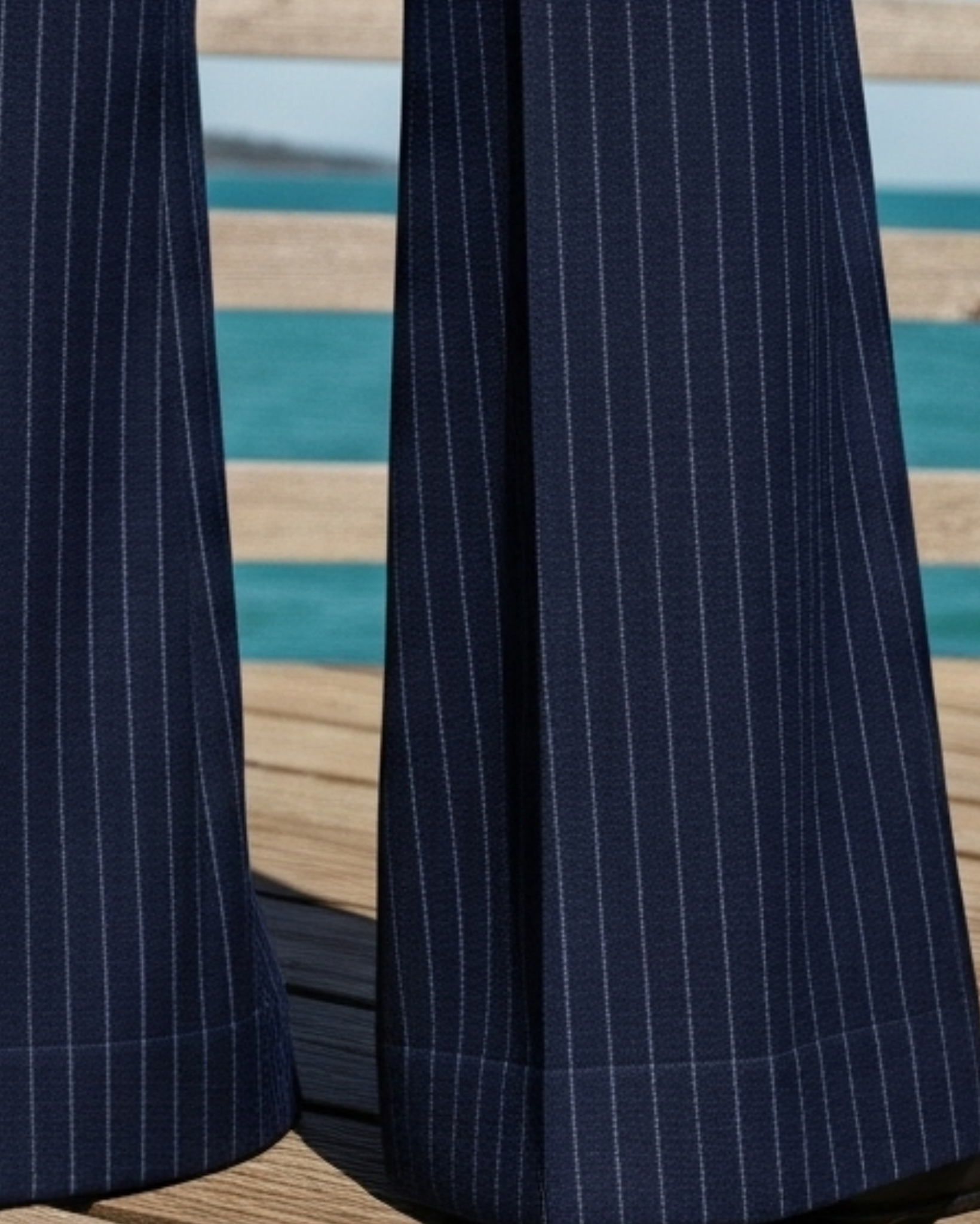 Tailory navy white pinstripe trousers detail