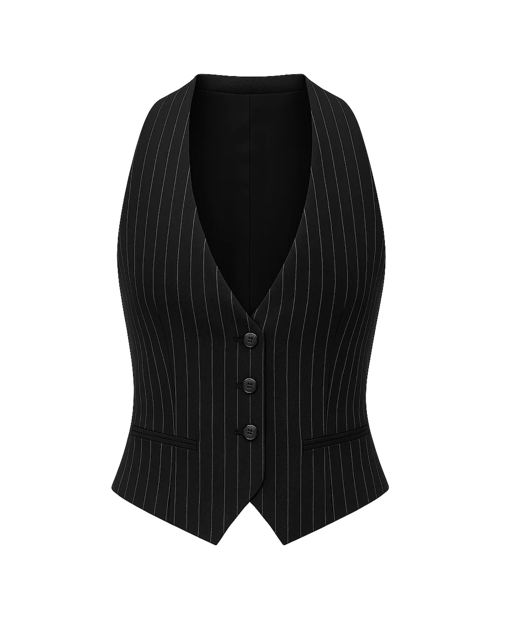 Tailory black white pinstripe low-cut fitted vest front view