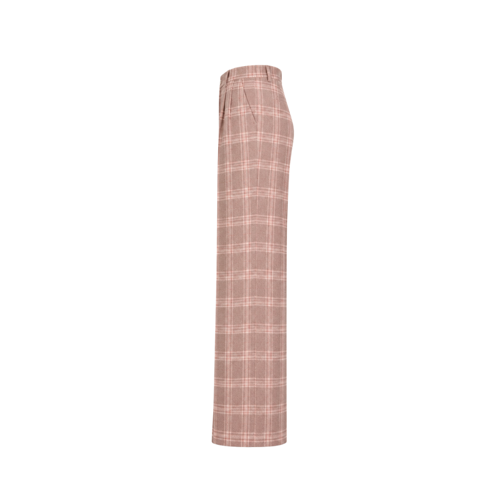 High-waisted tailored trousers in a muted pink and cream plaid pattern with a straight-leg cut and pocket detail at the side.
