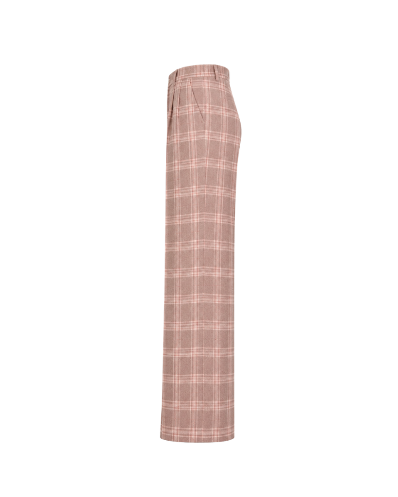 High-waisted tailored trousers in a muted pink and cream plaid pattern with a straight-leg cut and pocket detail at the side.