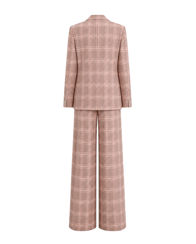 Plaid suit with blazer and wide-leg pants on a white background