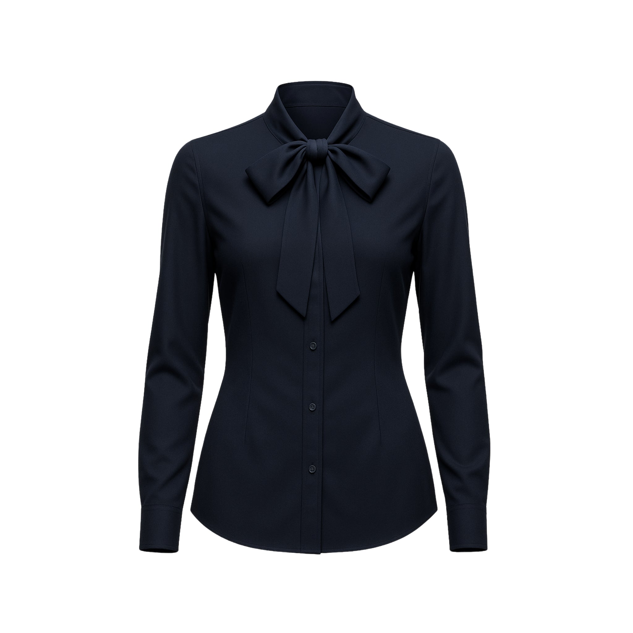 Tailory navy vegan pussy bow blouse front view