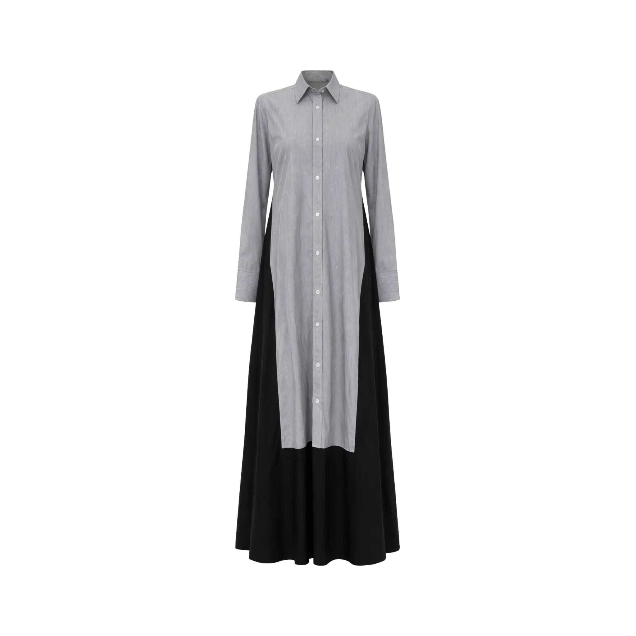 Tailory_ShirtDress_GreyBlack_Paneled_Pinstripe_FrontView
