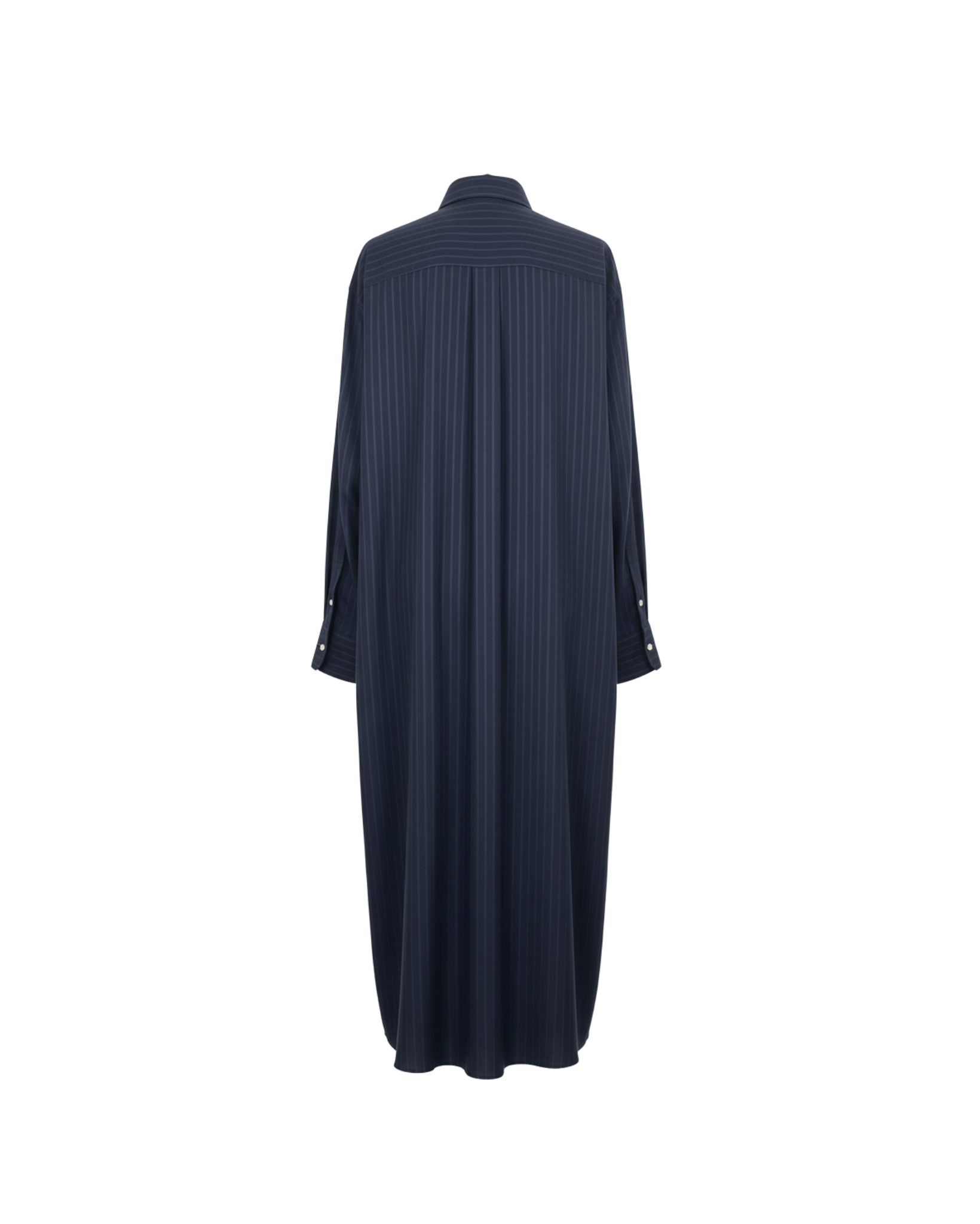 Back view of Tailory navy pinstripe maxi shirt-dress