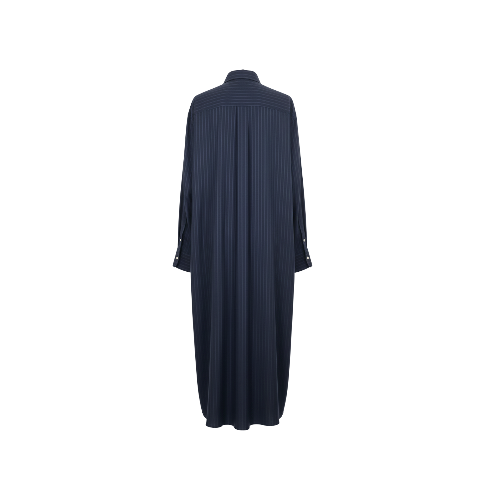 Back view of Tailory navy pinstripe maxi shirt-dress
