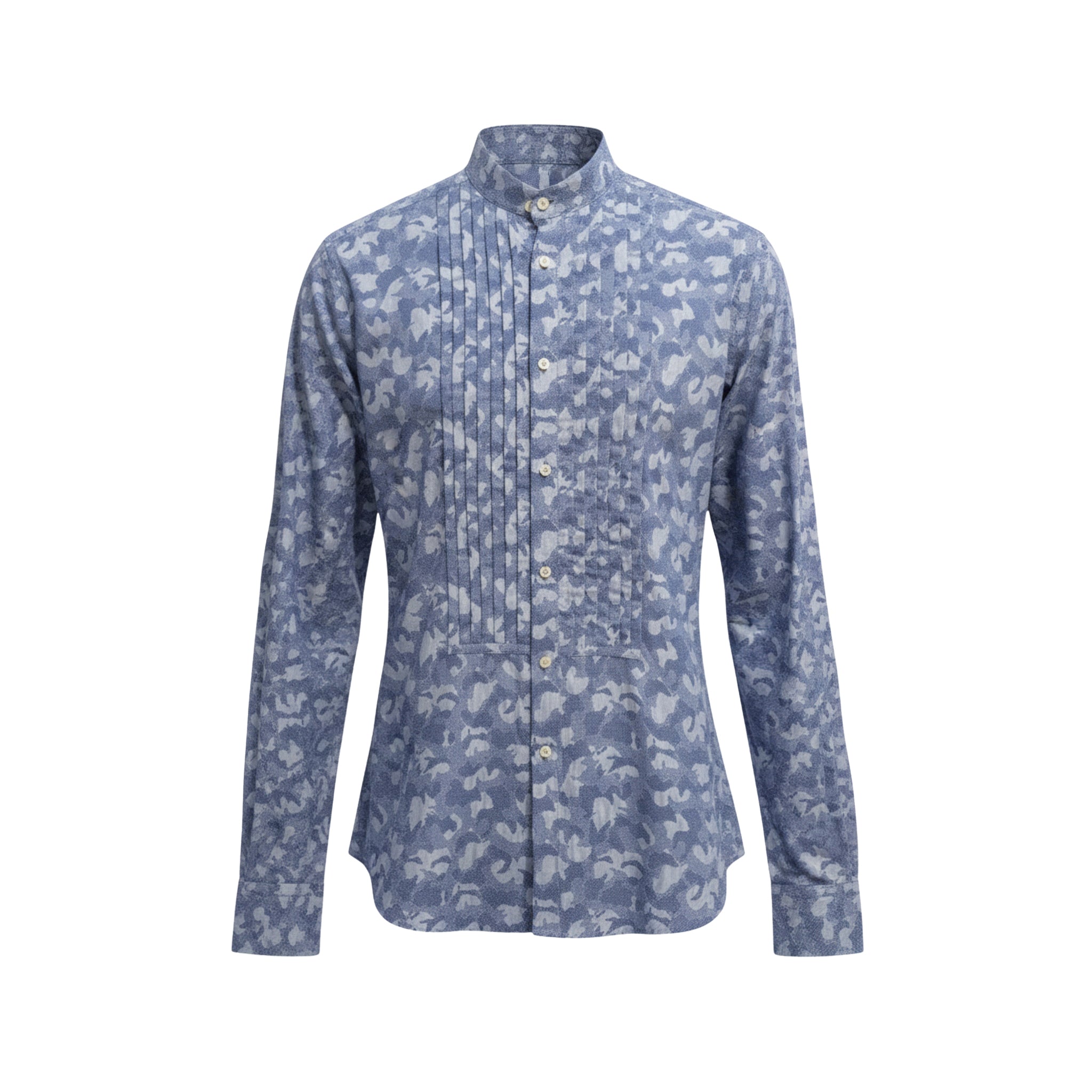 Tailory blue camo tuxedo pleated shirt with mandarin collar front view