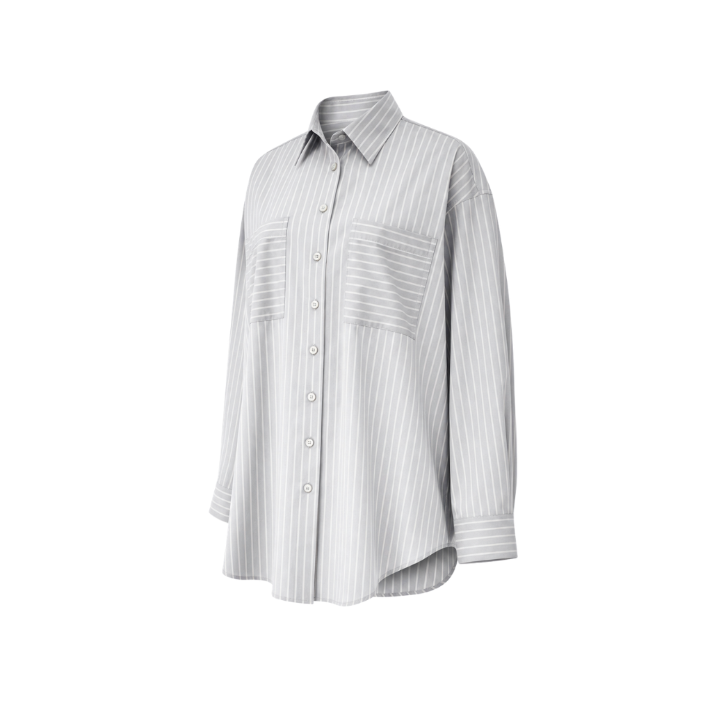 The Tailory New York grey striped Loro Piana cotton oversized shirt three quarter view