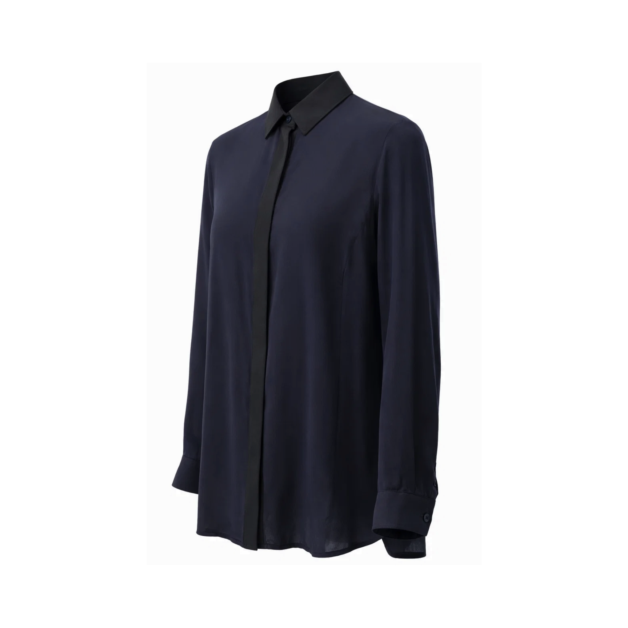 Tailory navy sheer shirt with contrast trim side view