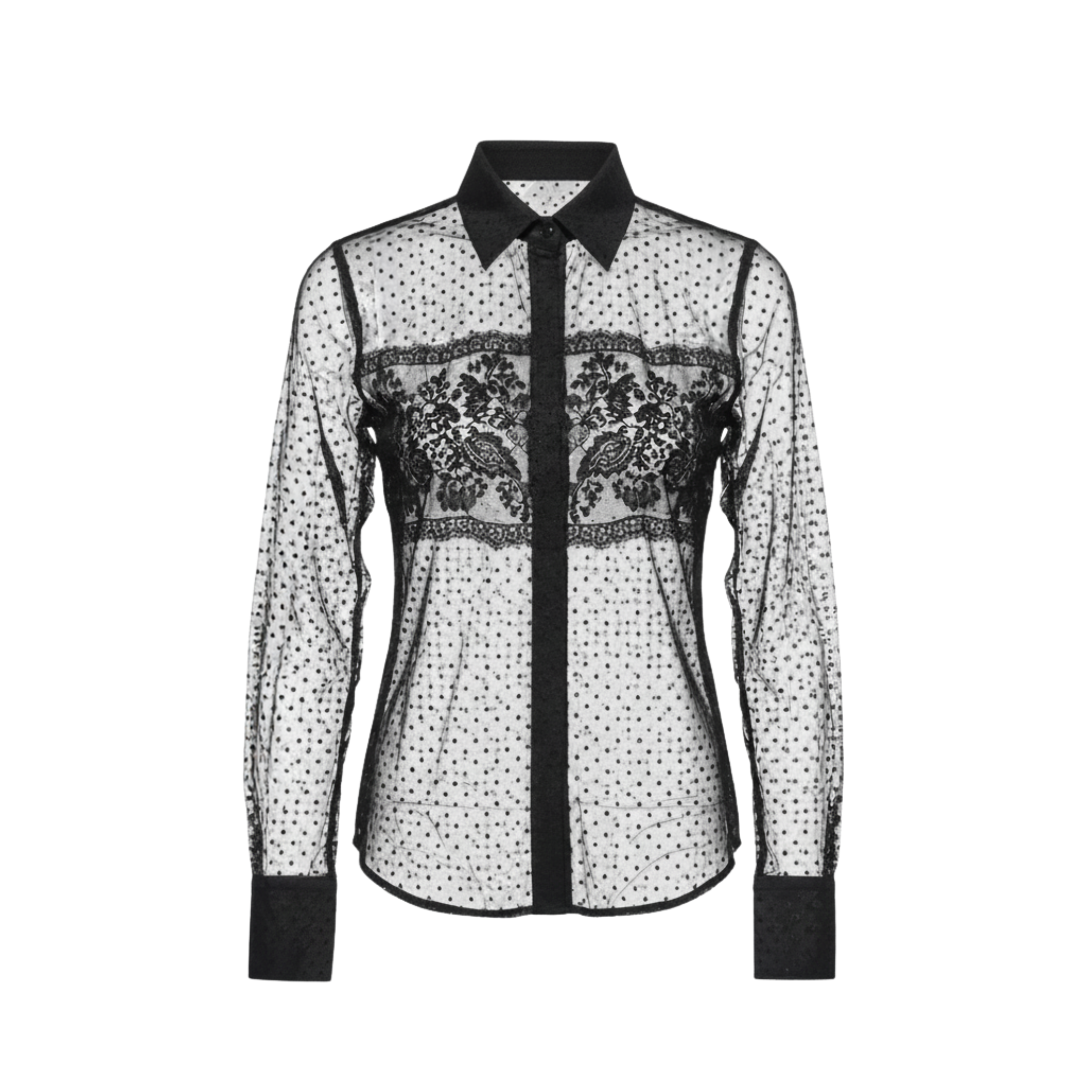Tailory black silk tulle lace panel shirt front view
