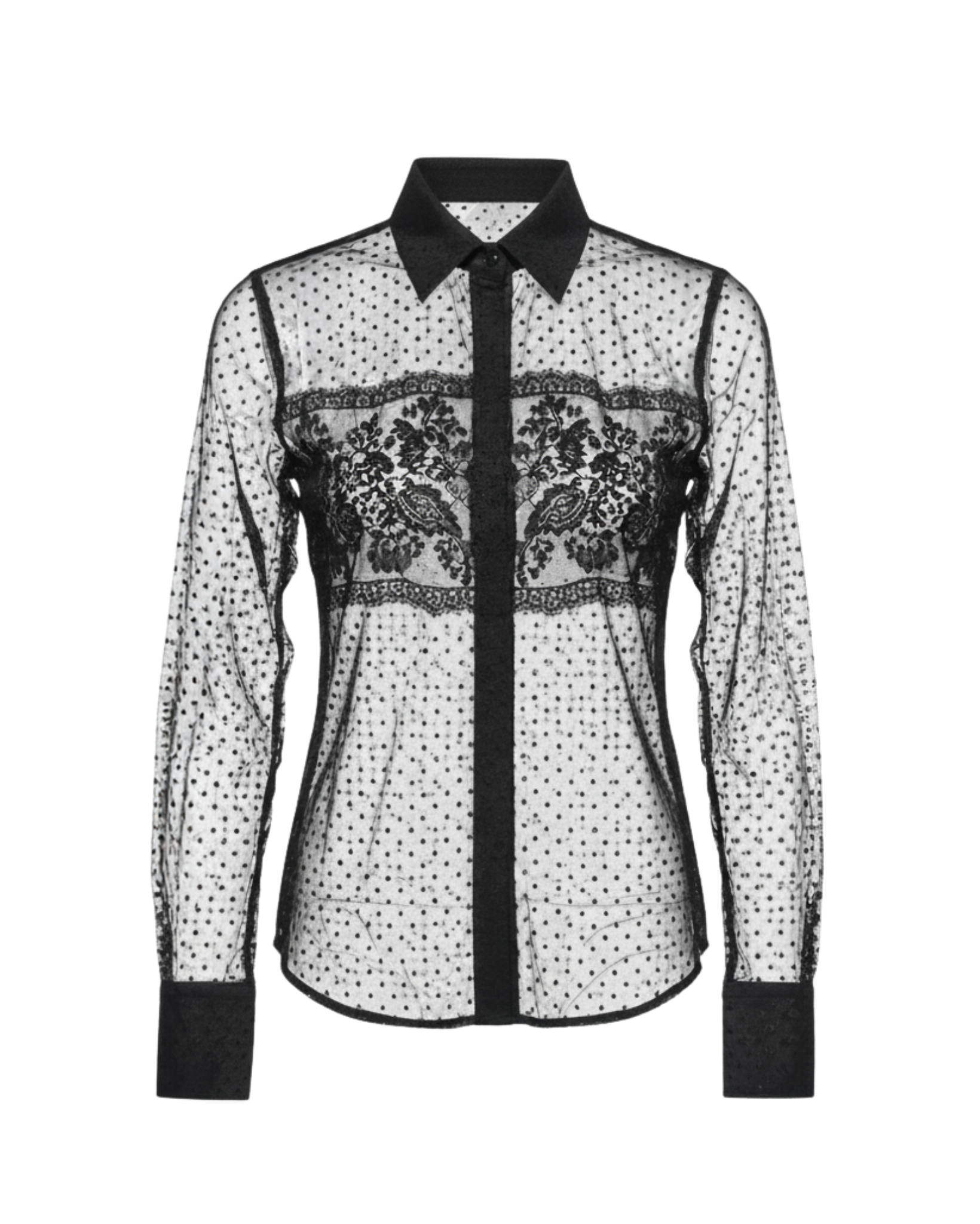 Tailory black silk tulle lace panel shirt front view