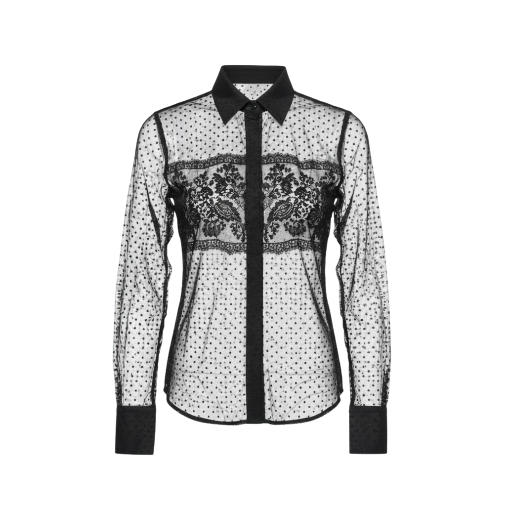 Black Silk Tulle Lace Panel Shirt | The Tailory New York