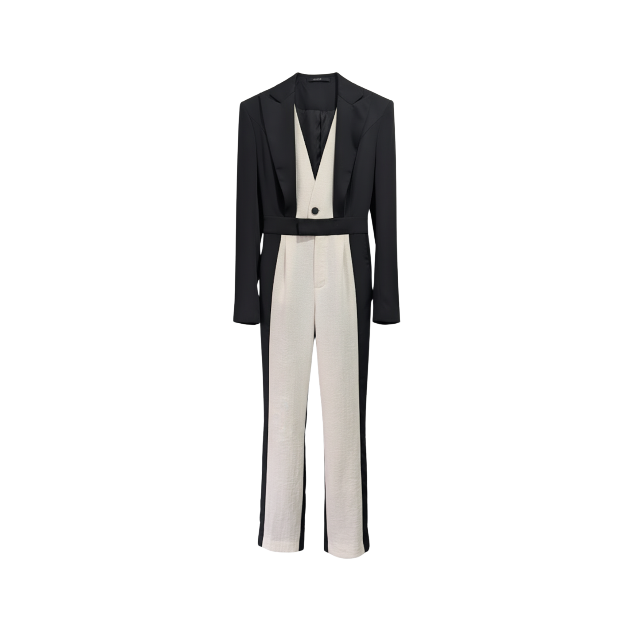 Tailory black/white stripe jumpsuit with contrast front panel front view