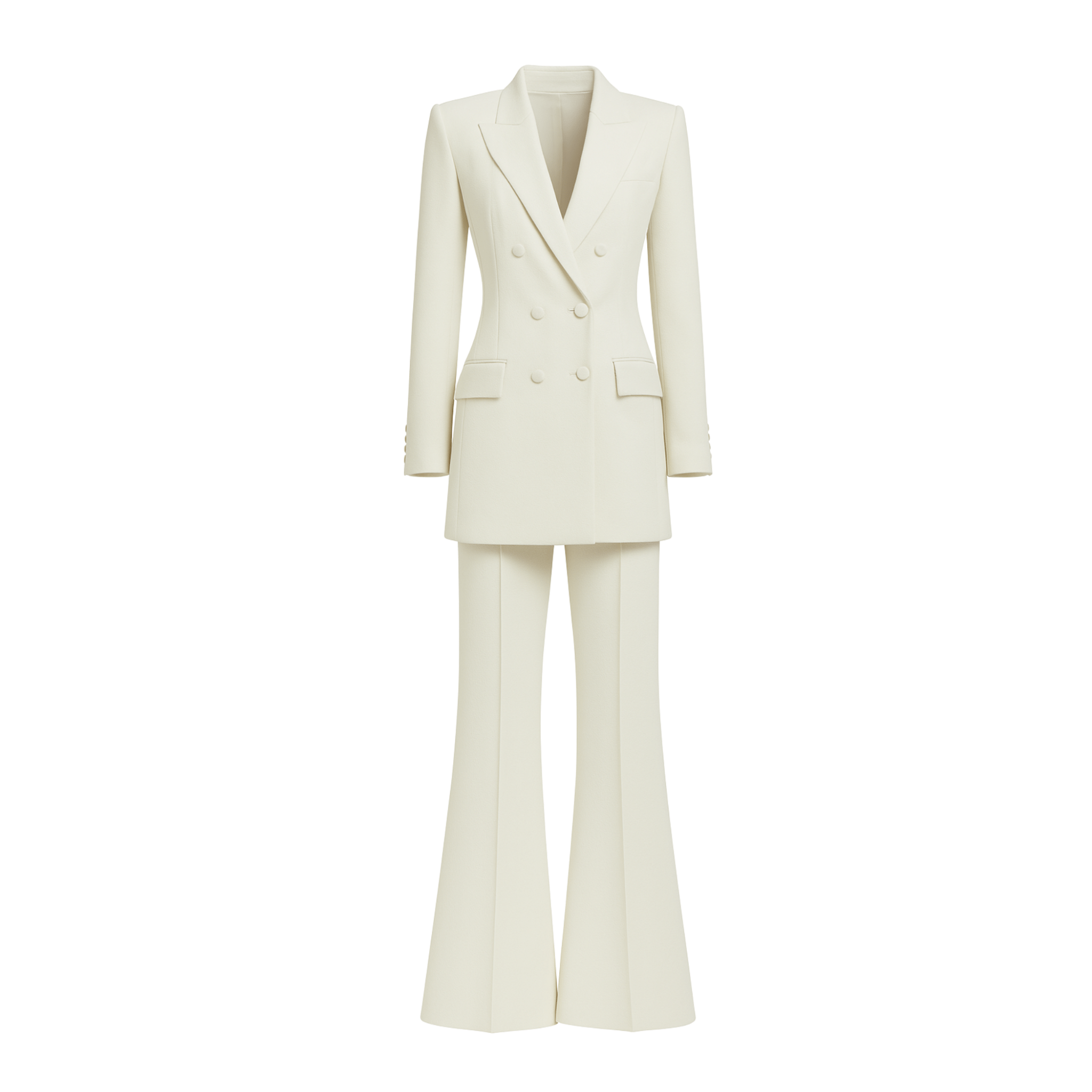Tailory ivory Loro Piana peak lapel double-breasted suit set front view