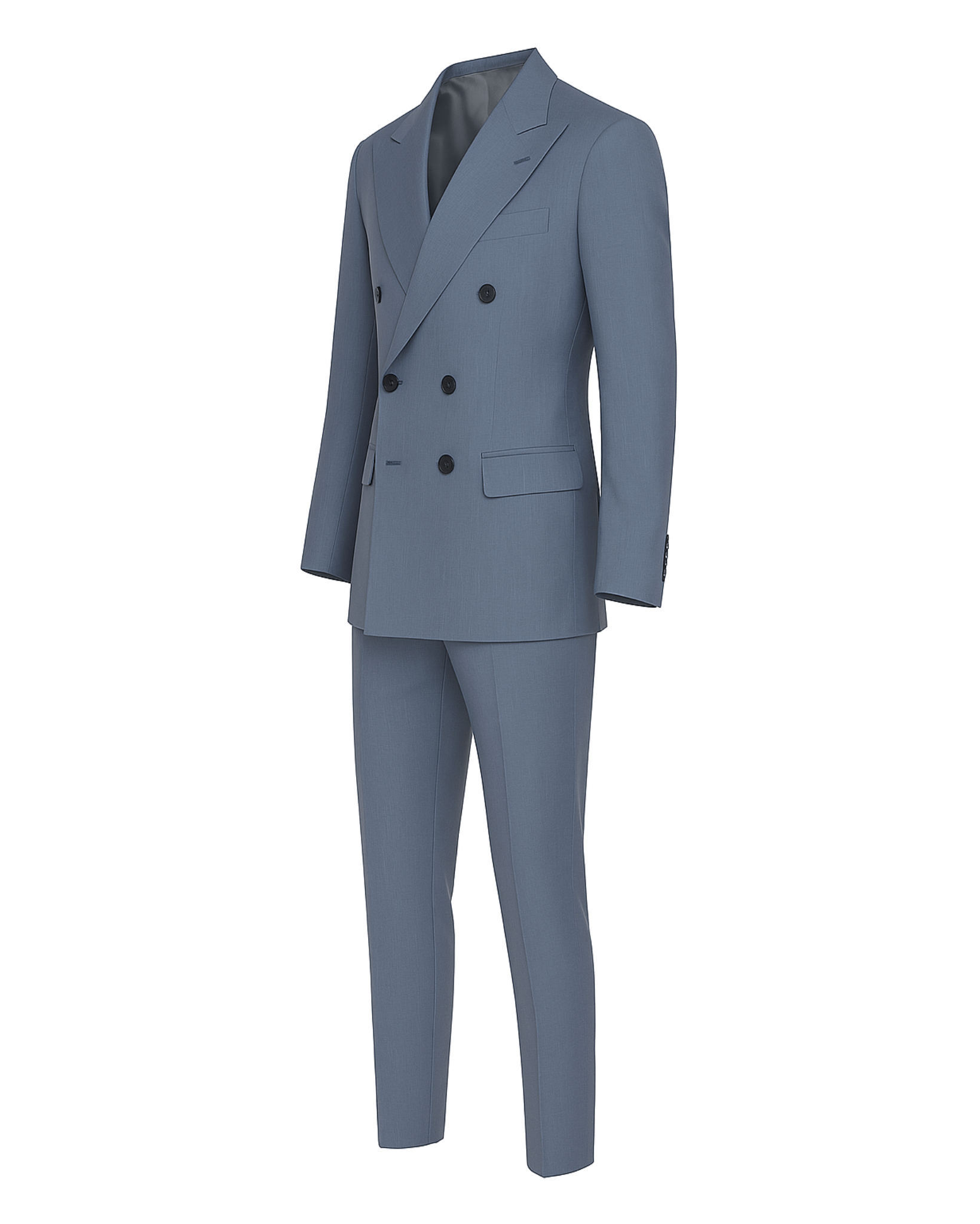 Tailory powder blue double-breasted peak lapel suit side view