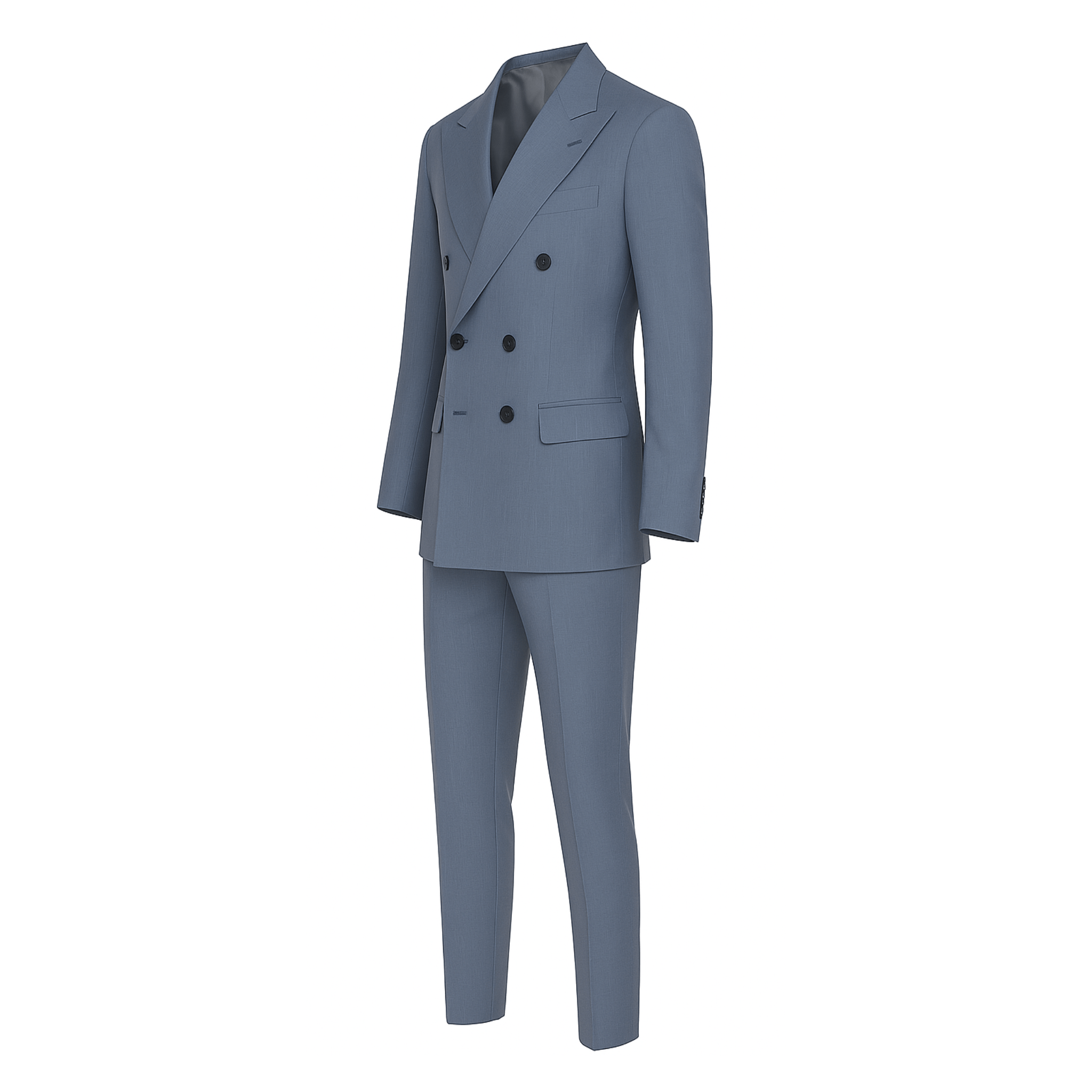 Tailory powder blue double-breasted peak lapel suit side view