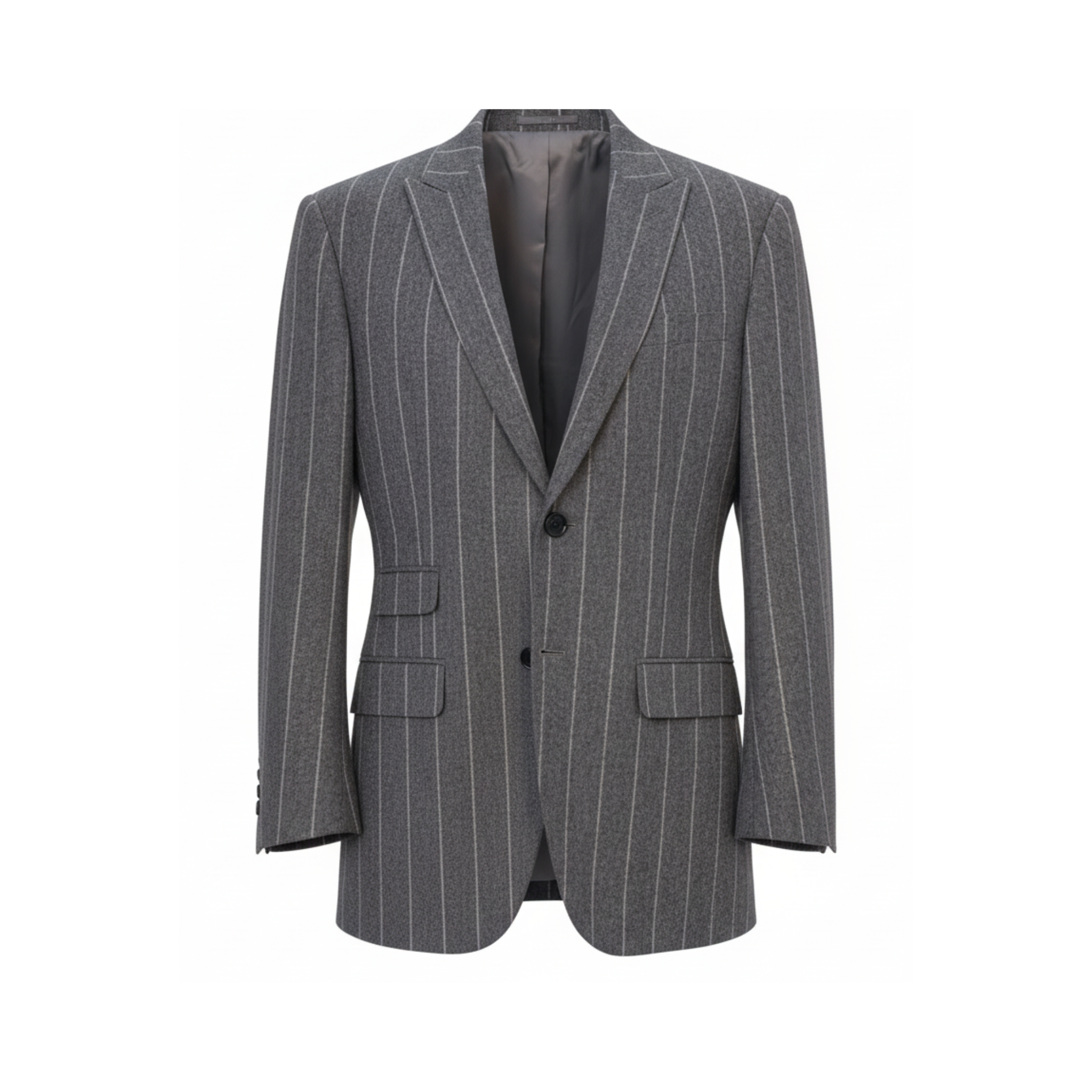 Tailory charcoal white pinstripe cropped tailored blazer with notch lapels front view