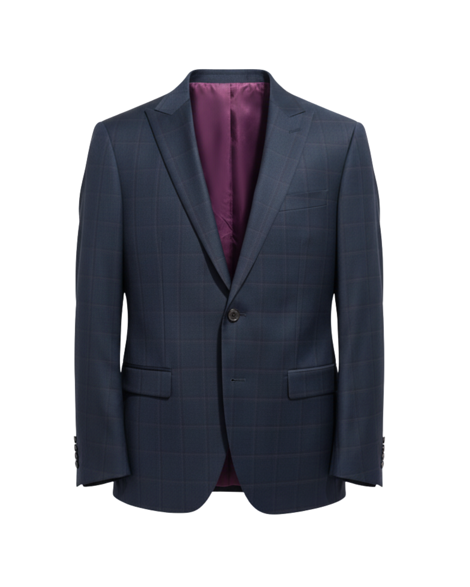 Navy Checkered Two-Button Tailored Jacket featuring a subtle check pattern, classic notch lapels, front flap pockets, and a contrasting burgundy satin lining for refined formalwear.