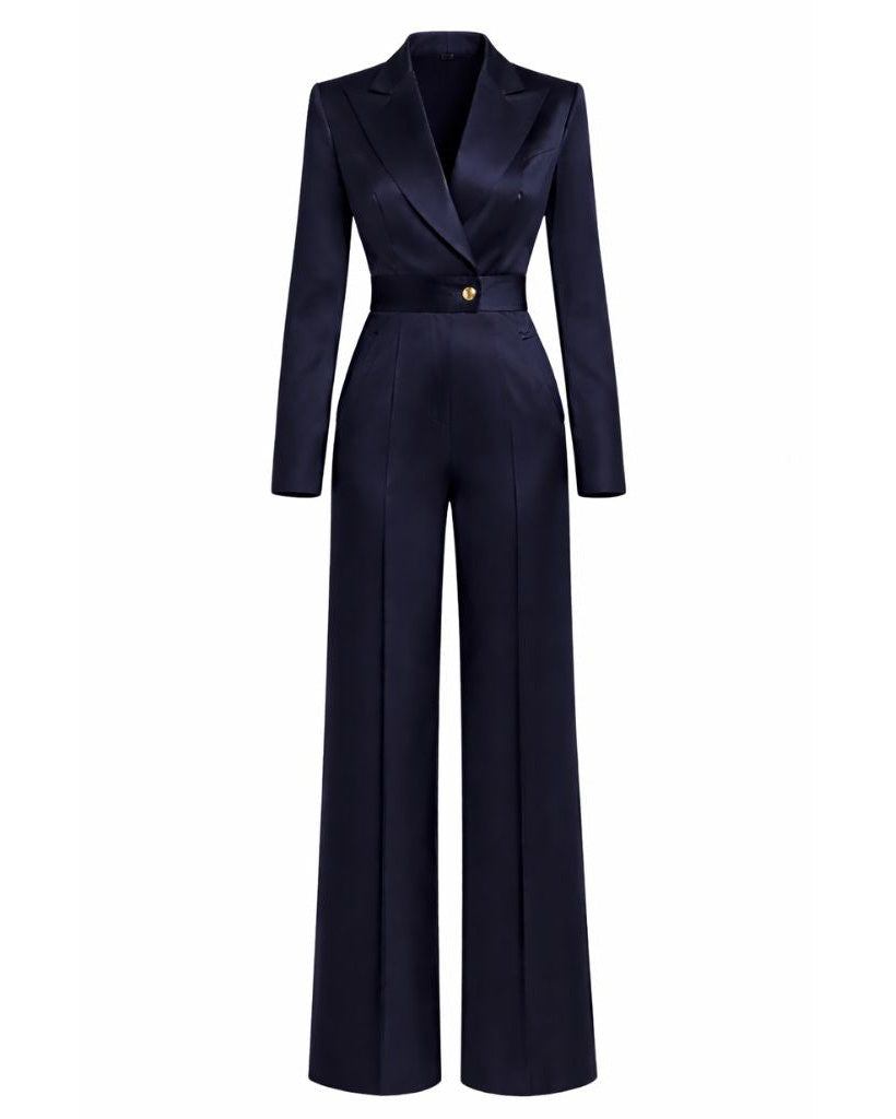 Tailory navy silk satin tailored jumpsuit with peak lapels front view
