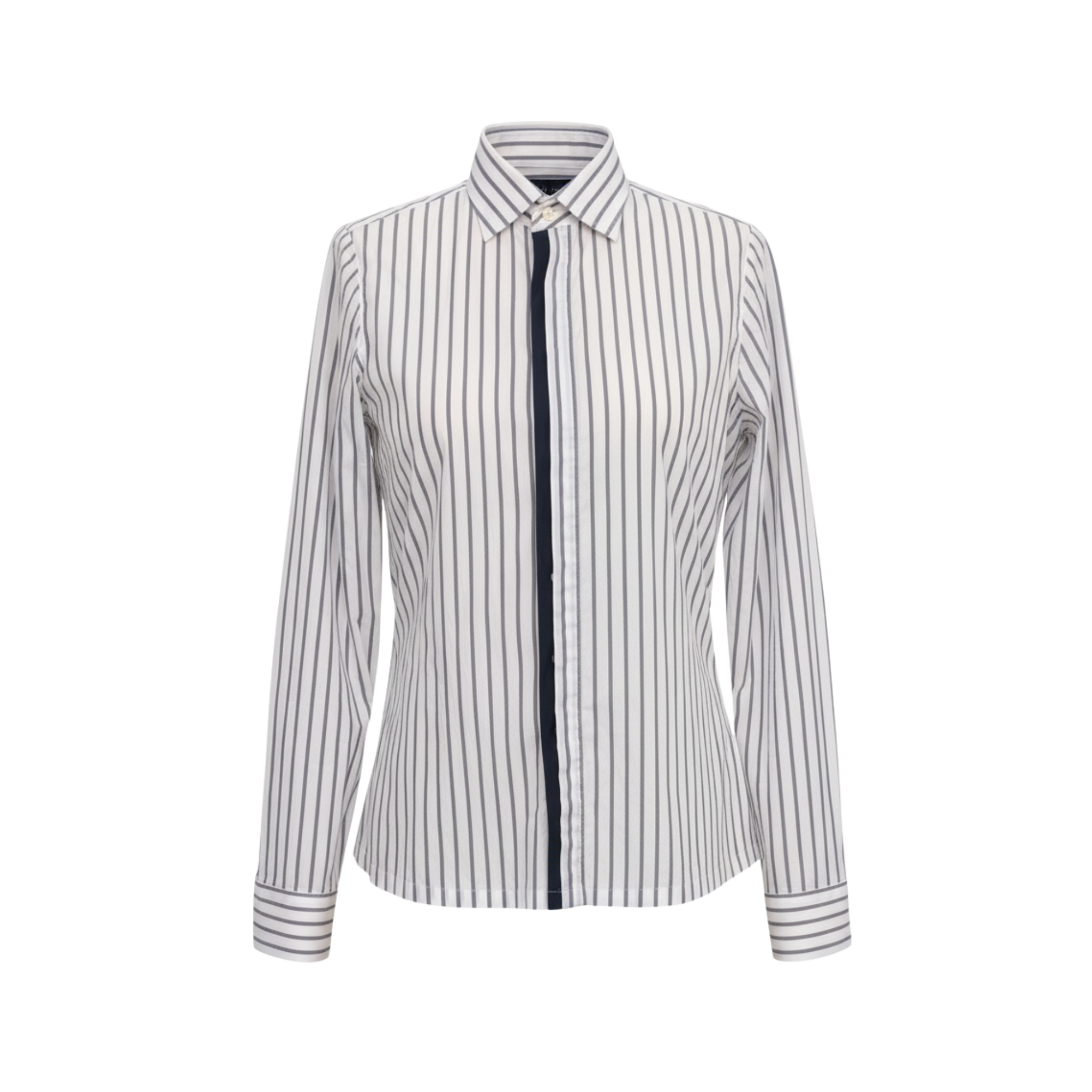 Tailory white and grey vertical-stripe tailored shirt with navy contrast placket front view