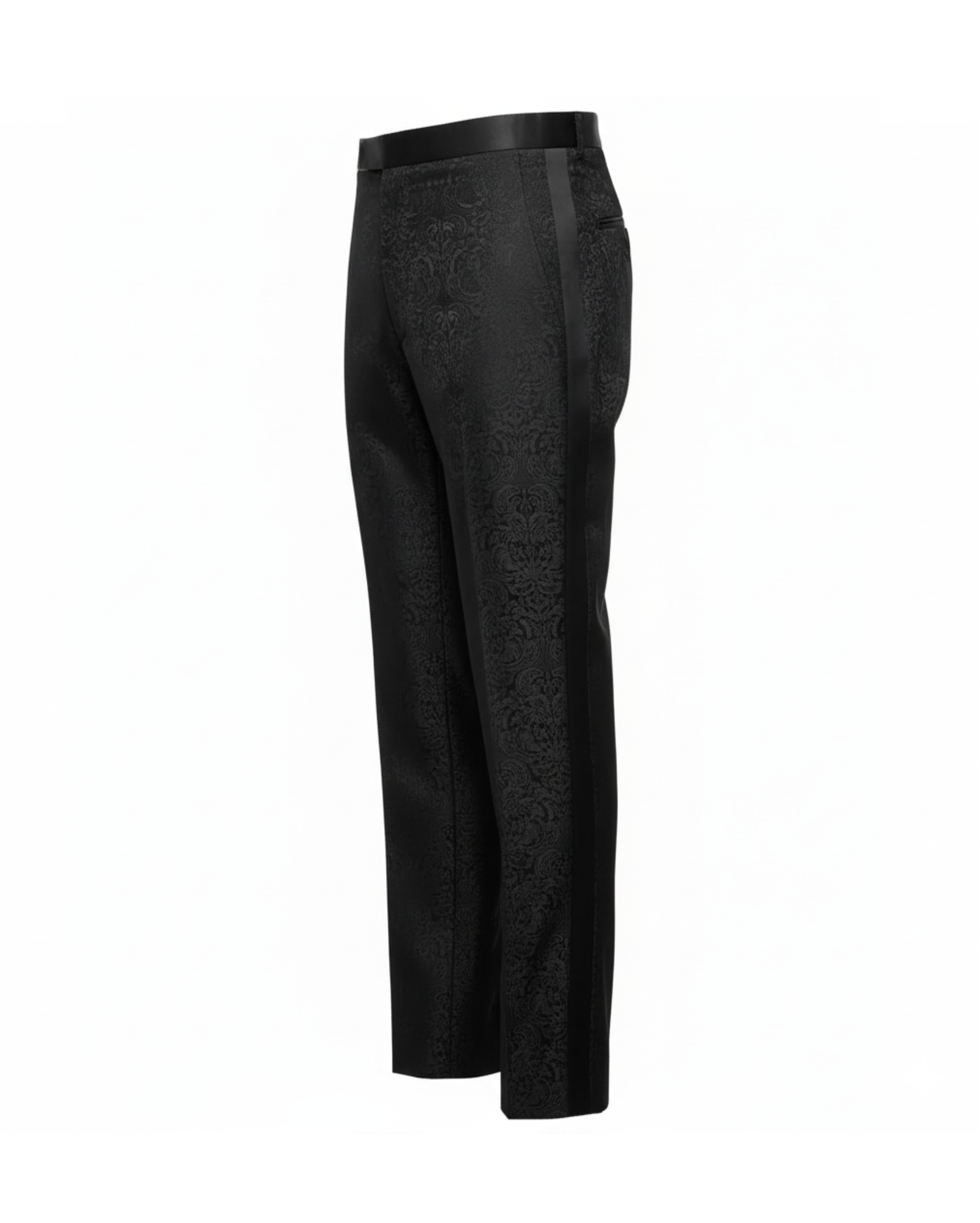 Tailory black brocade tailored trouser side view showing straight-leg cut