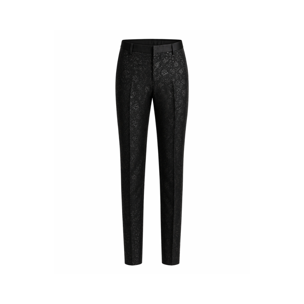 Tailory black floral jacquard trousers front view
