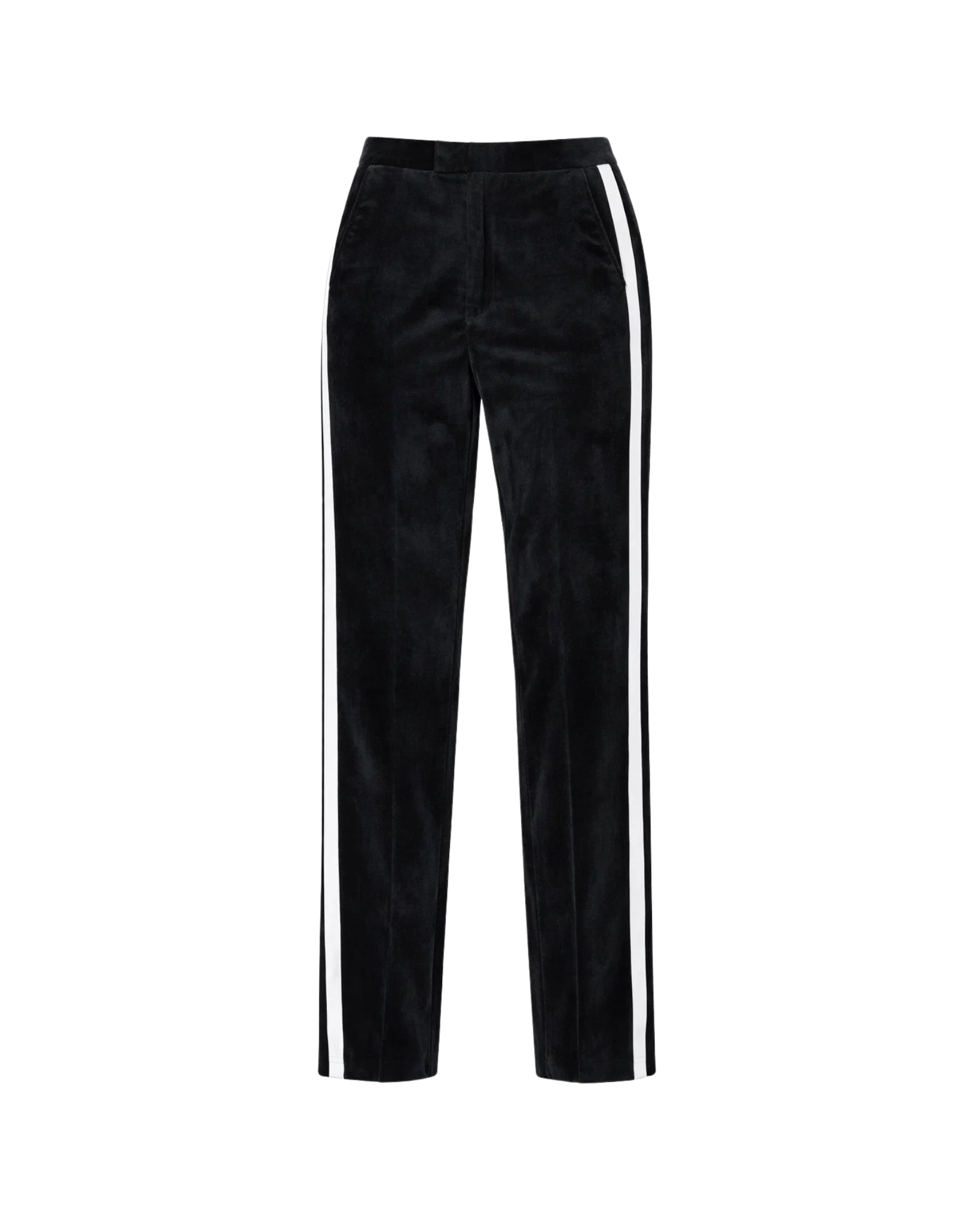 Tailory black velvet track trousers with contrast stripe front view