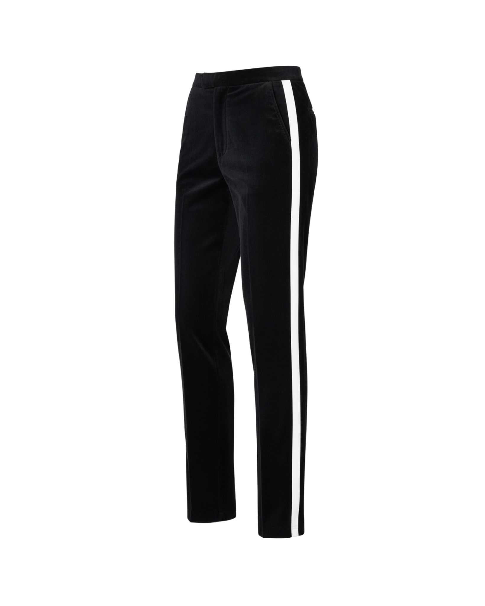Tailory black velvet straight-leg track trousers back view