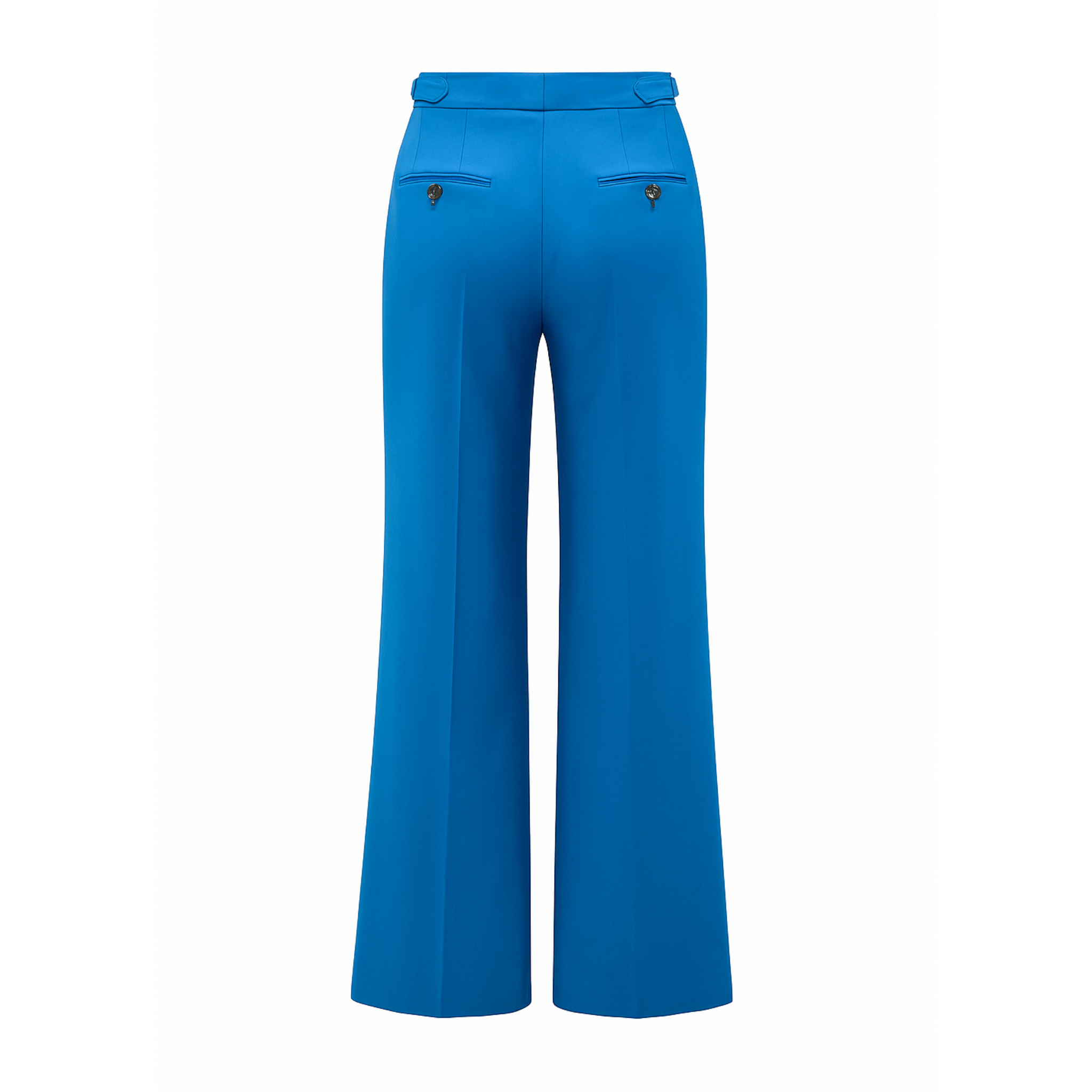 Tailory bright blue flared trousers back view