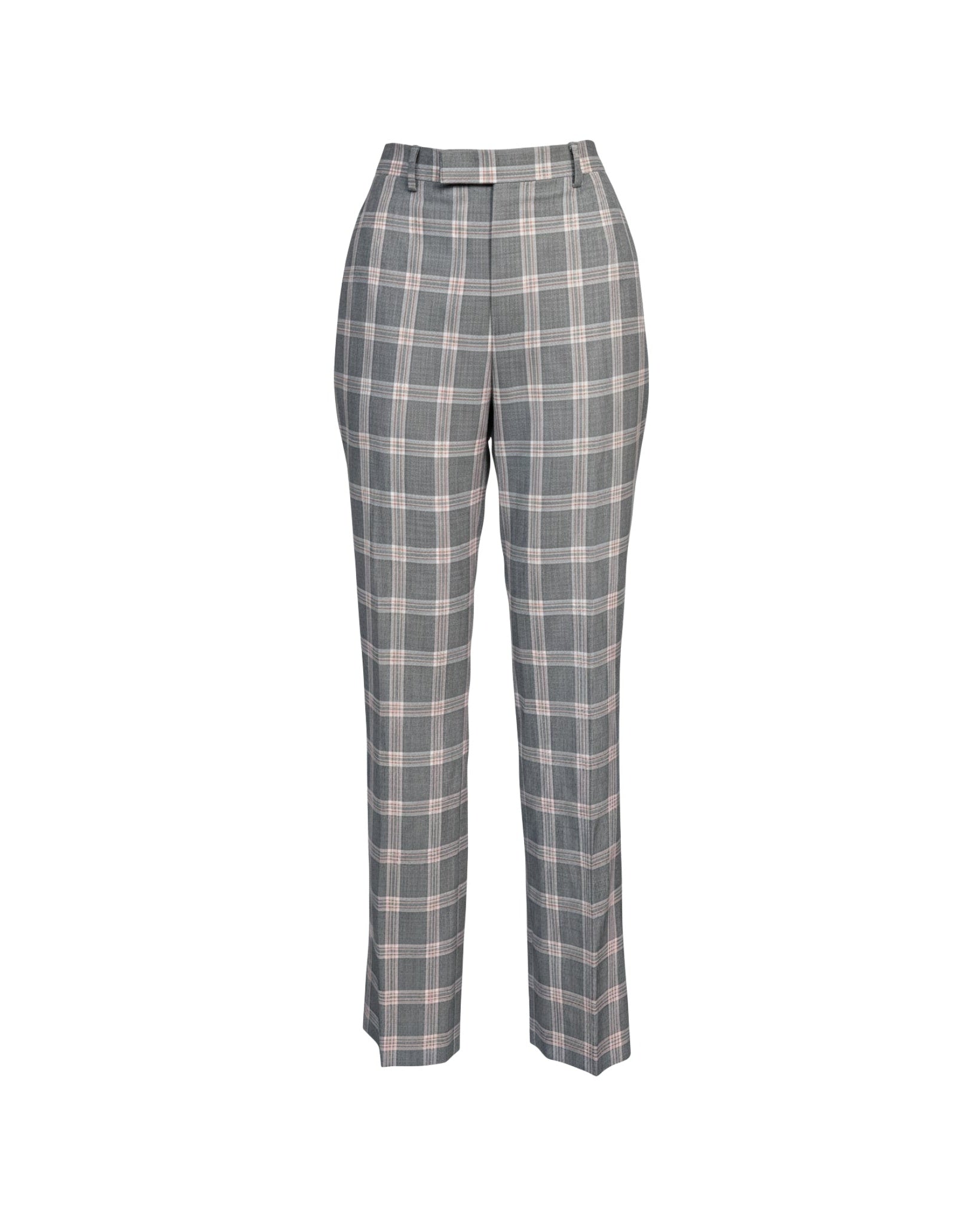 Tailory grey pink plaid high-waisted straight-leg trousers front view