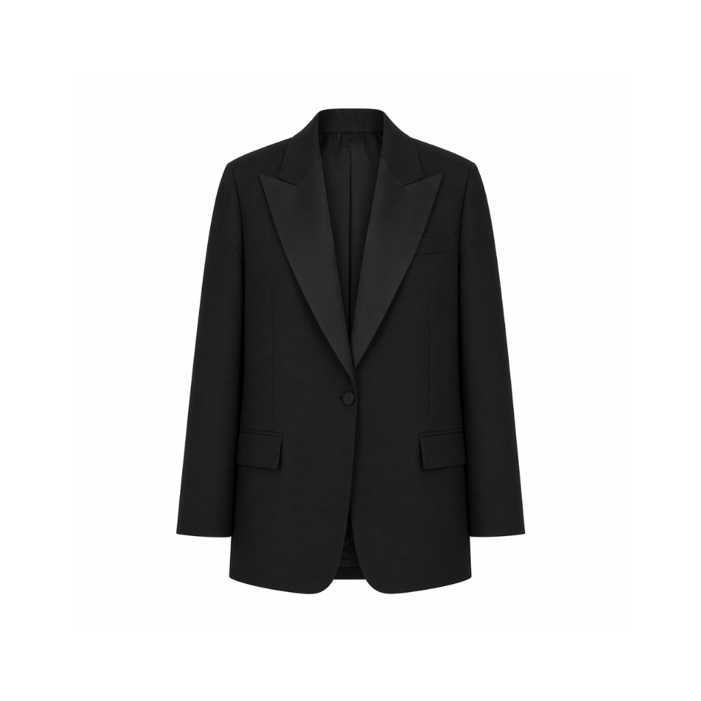 Tailory black tuxedo blazer satin peak lapel front view.
