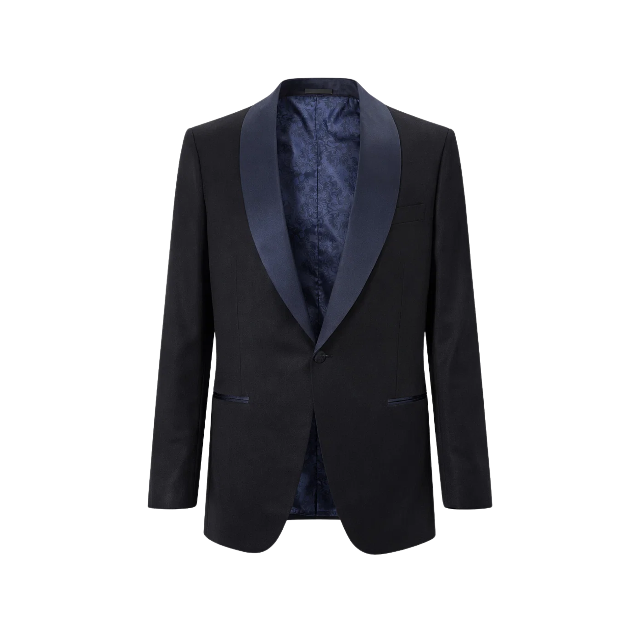 Tailory black tuxedo jacket with navy satin shawl lapel front view