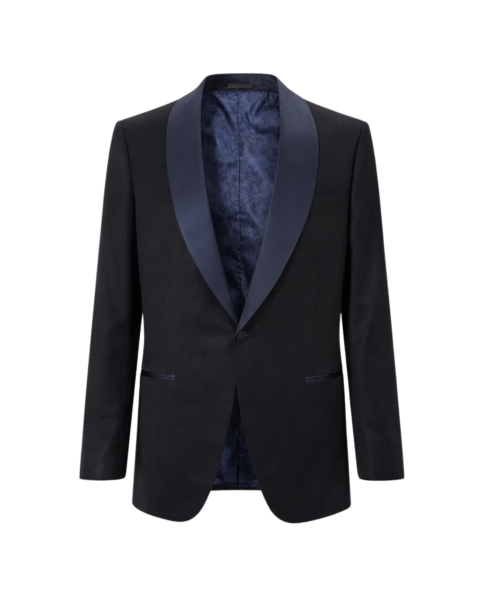 Tailory black tuxedo jacket with navy satin shawl lapel front view